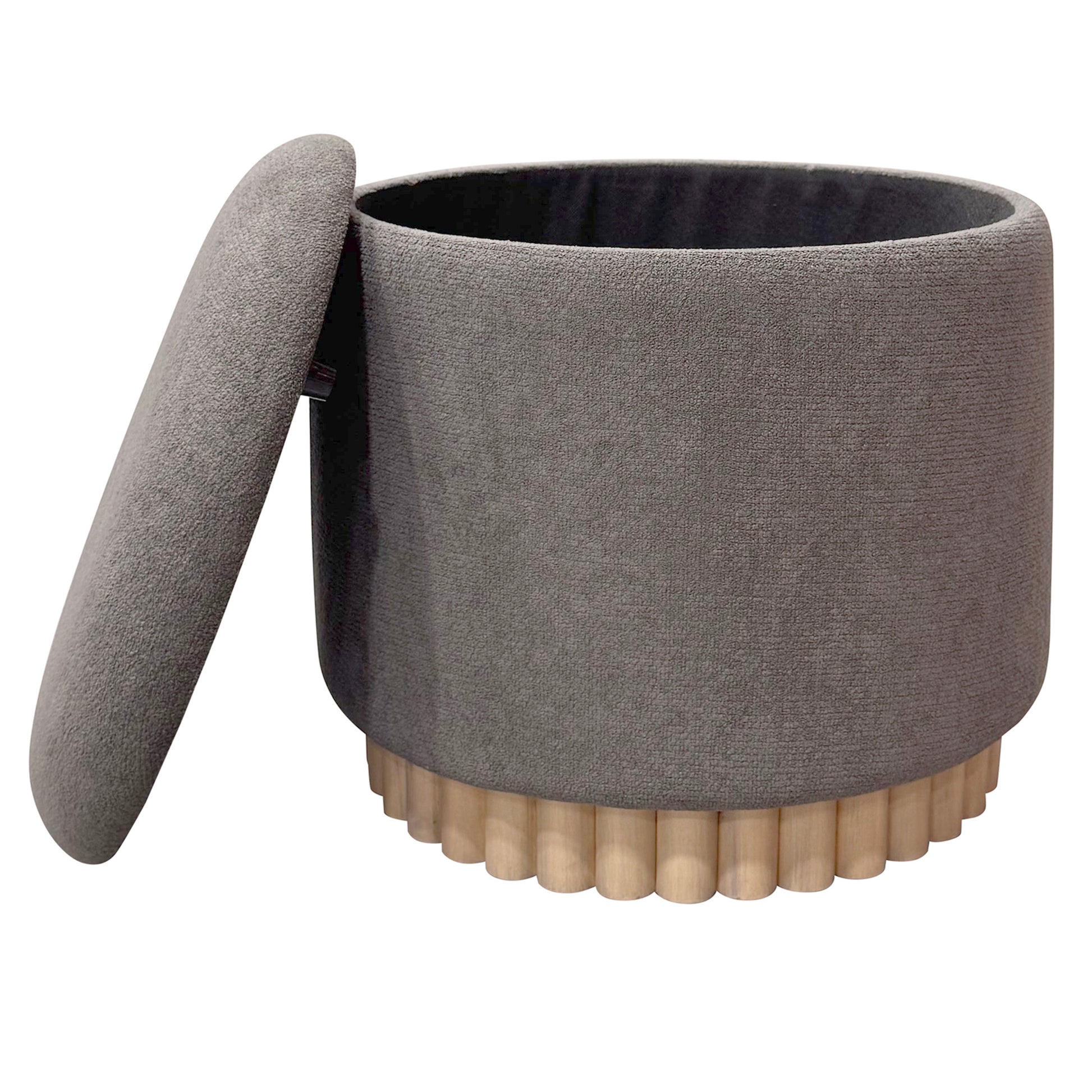 Sadie Round Storage Ottoman - Warm Charcoal Wood Reeded Base-DECOROLALA