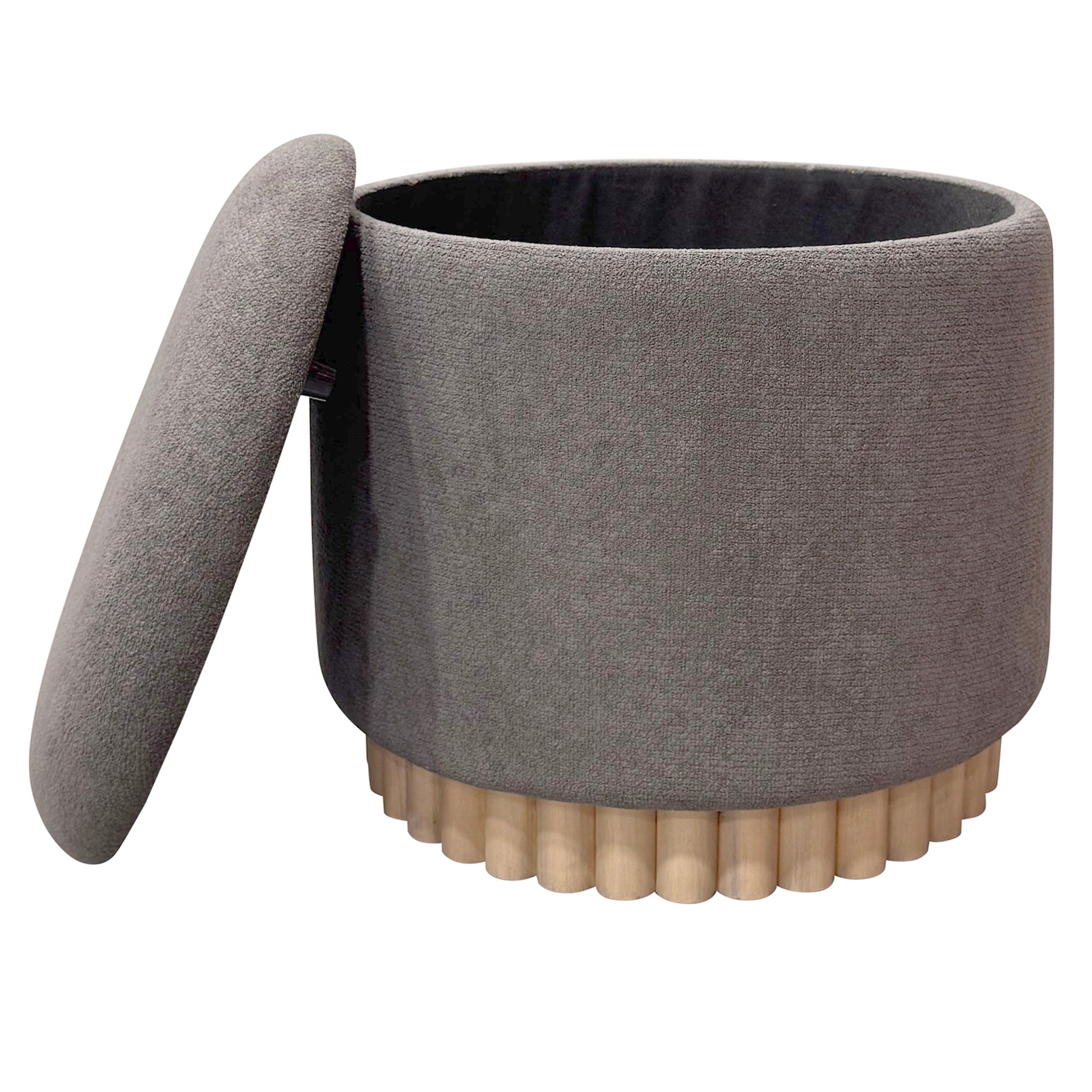 Sadie Round Storage Ottoman - Warm Charcoal Wood Reeded Base-DECOROLALA