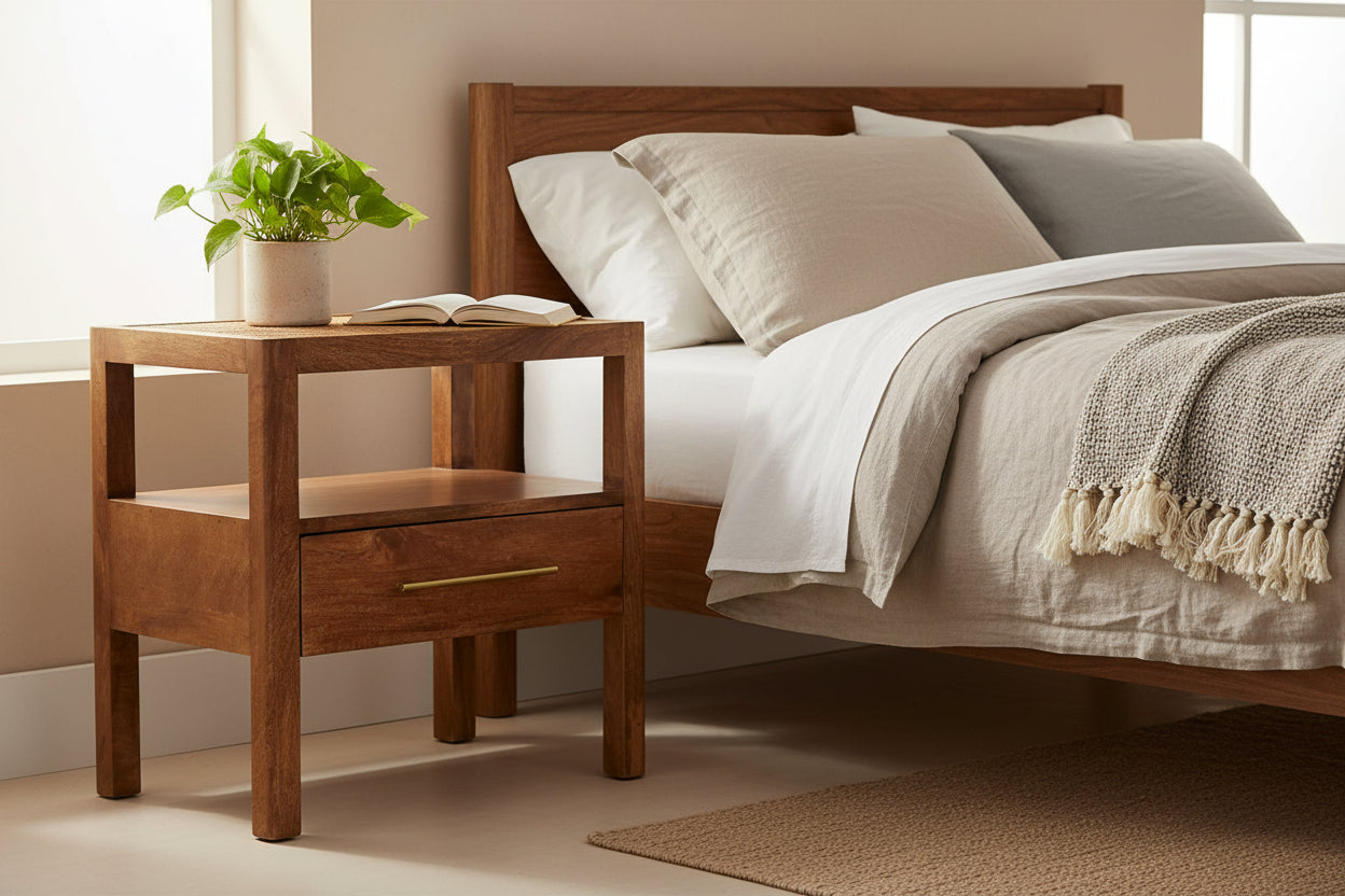 Saffron Rattan Nightstand - Mango Wood Honey Caramel Finish-Nightstand-DECOROLALA