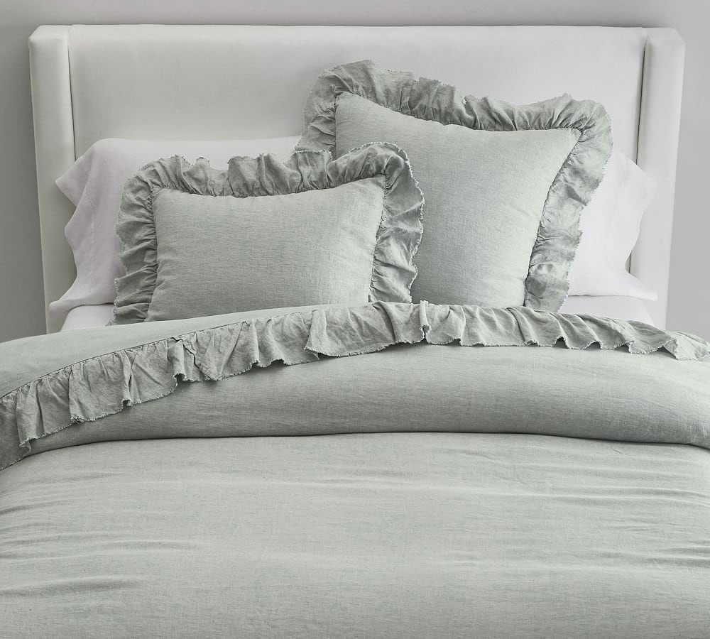 Sage Green 3 Piece Ruffle Linen Duvet Cover Set - Handmade-n/a-DECOROLALA