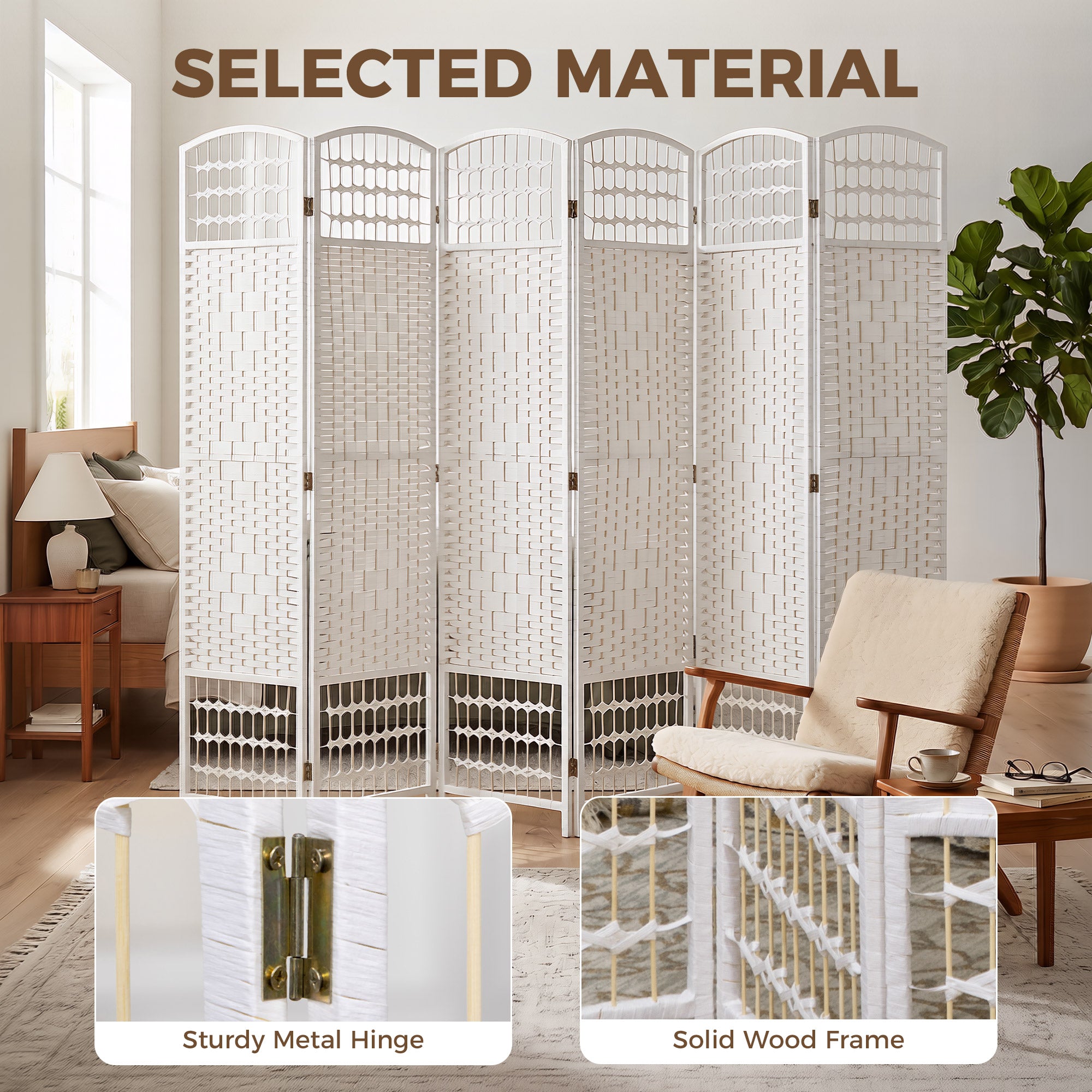 6 Panel Folding Room Divider, Portable Privacy Screen, Wave Fiber Room Partition for Home Office, White