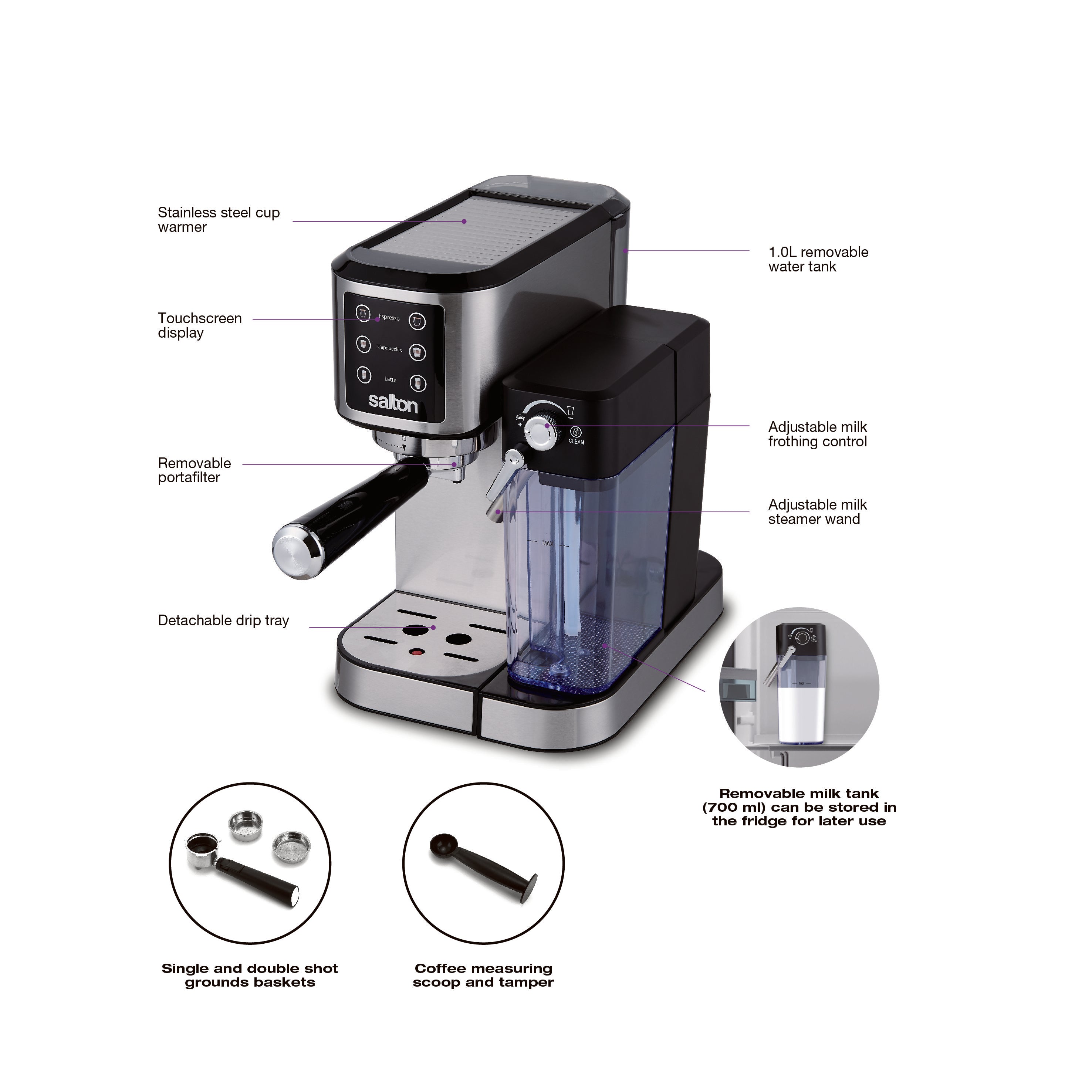Salton 3-In-1 Digital Espresso Machine - Stainless Steel-Espresso Machine-DECOROLALA