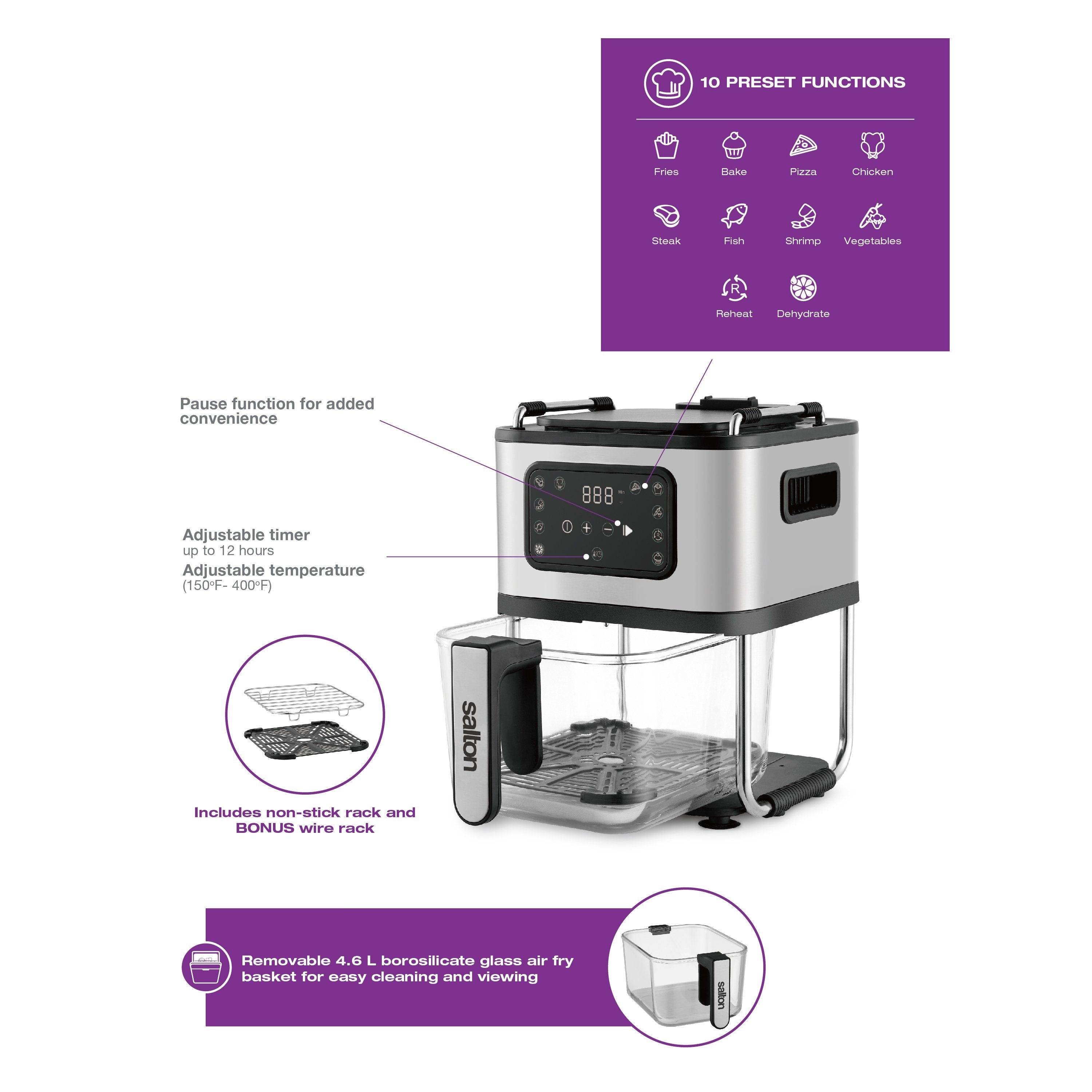 Salton Flip And Cook 3-In-1 Air Fryer, Grill & Dehydrator-Food Dehydrators-DECOROLALA