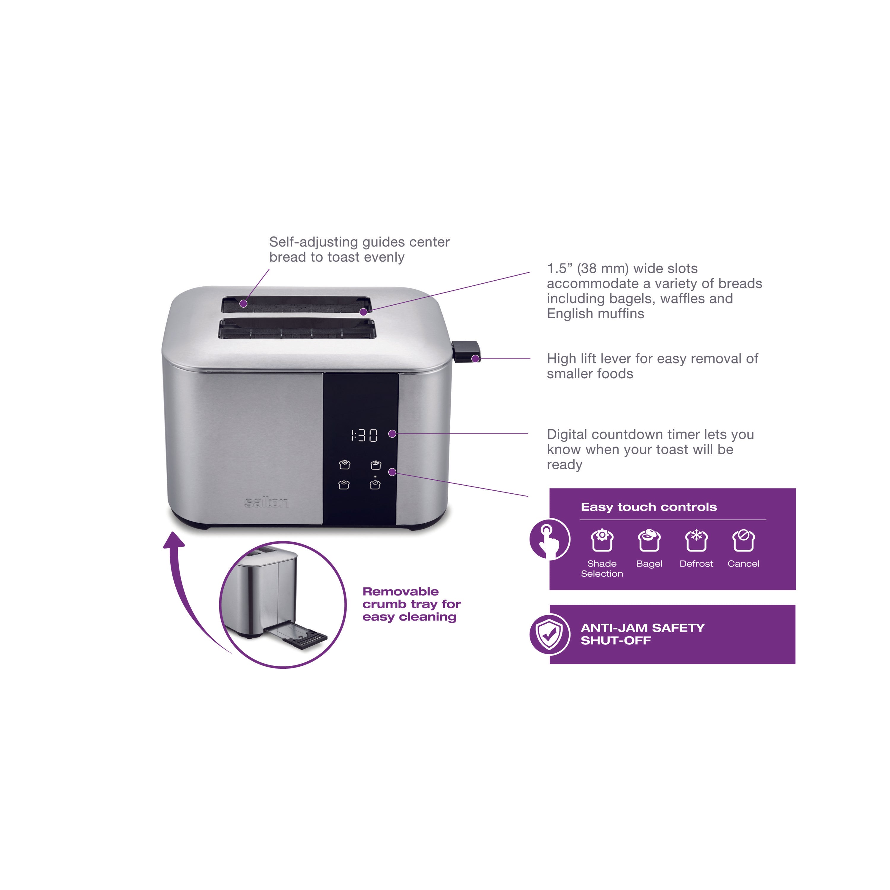 Salton Stainless Steel Digital Countdown Toaster – 2 Slice-Toaster-DECOROLALA