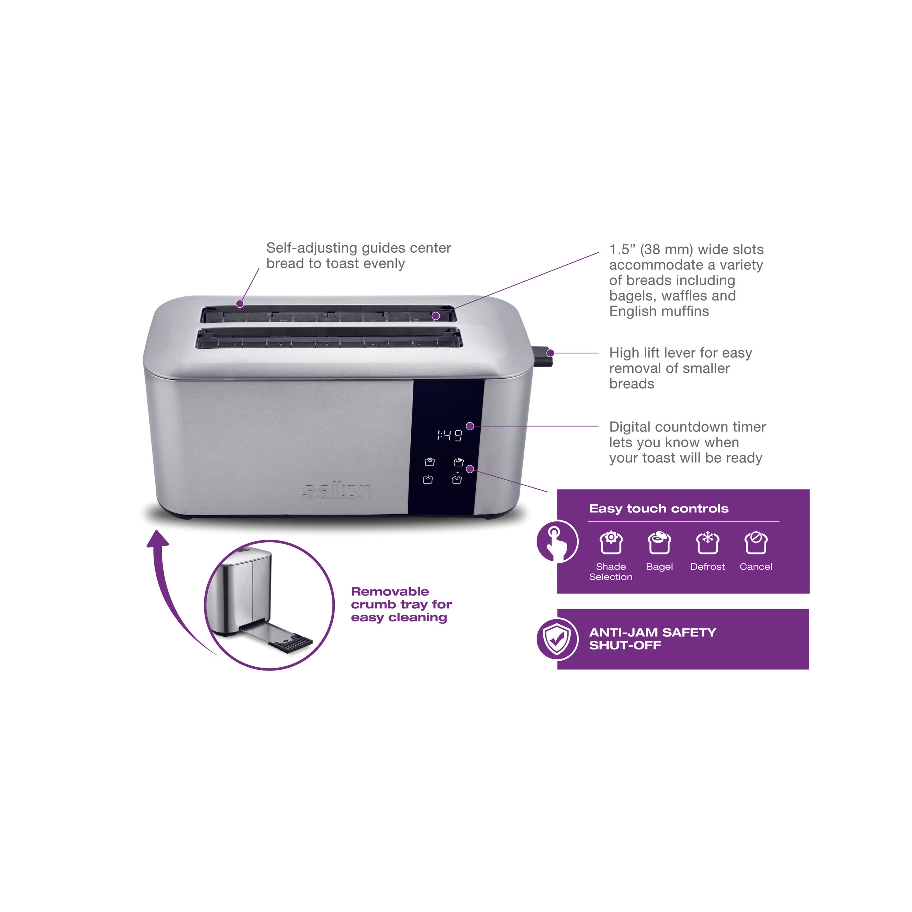 Salton Stainless Steel Digital Countdown Toaster – 4 Slice Long Slot-Toaster-DECOROLALA