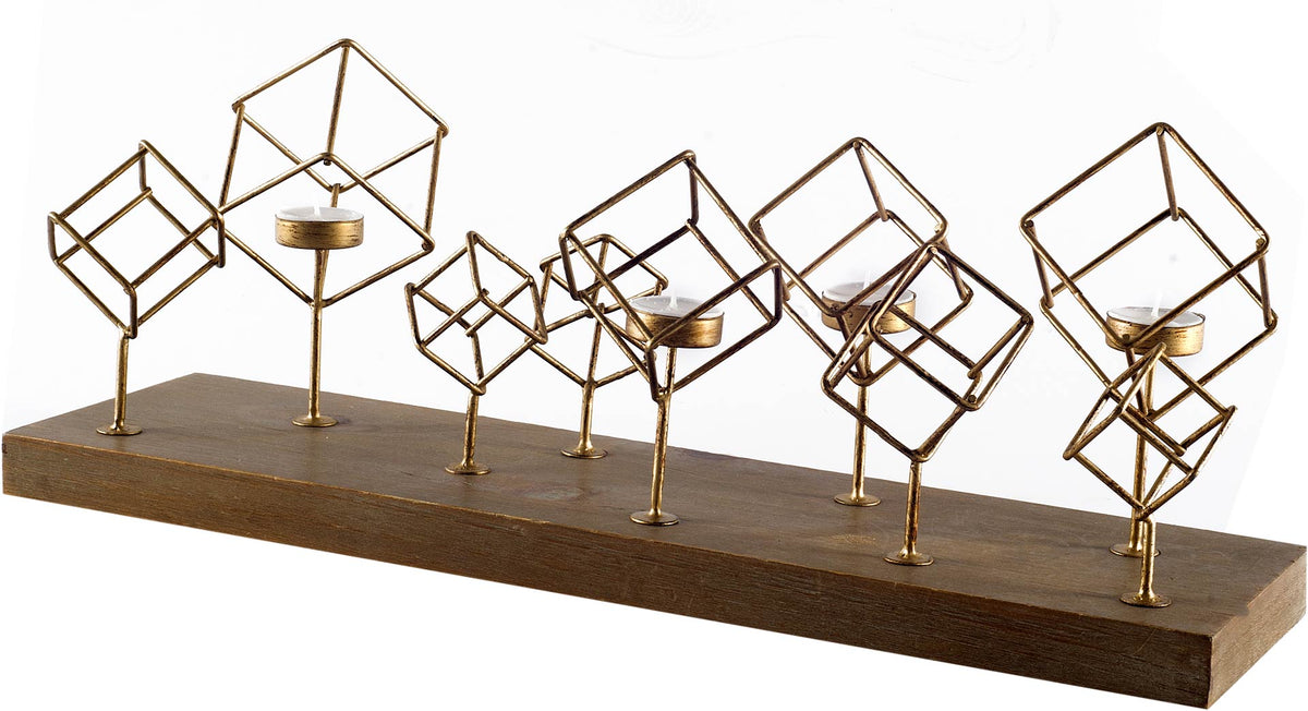 Salvador II Wood Base Brass Cube Tea Light Table Candle Holder-Table Candle Holders-DECOROLALA