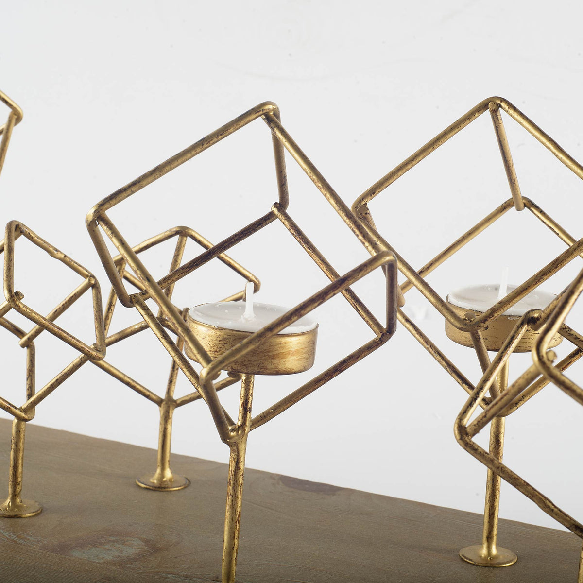 Salvador II Wood Base Brass Cube Tea Light Table Candle Holder-Table Candle Holders-DECOROLALA