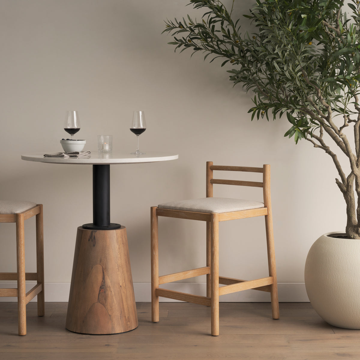 Sam Counter Stool W/ Light Brown Wood Frame and Beige Upholstered Seat-Bar Stools-DECOROLALA