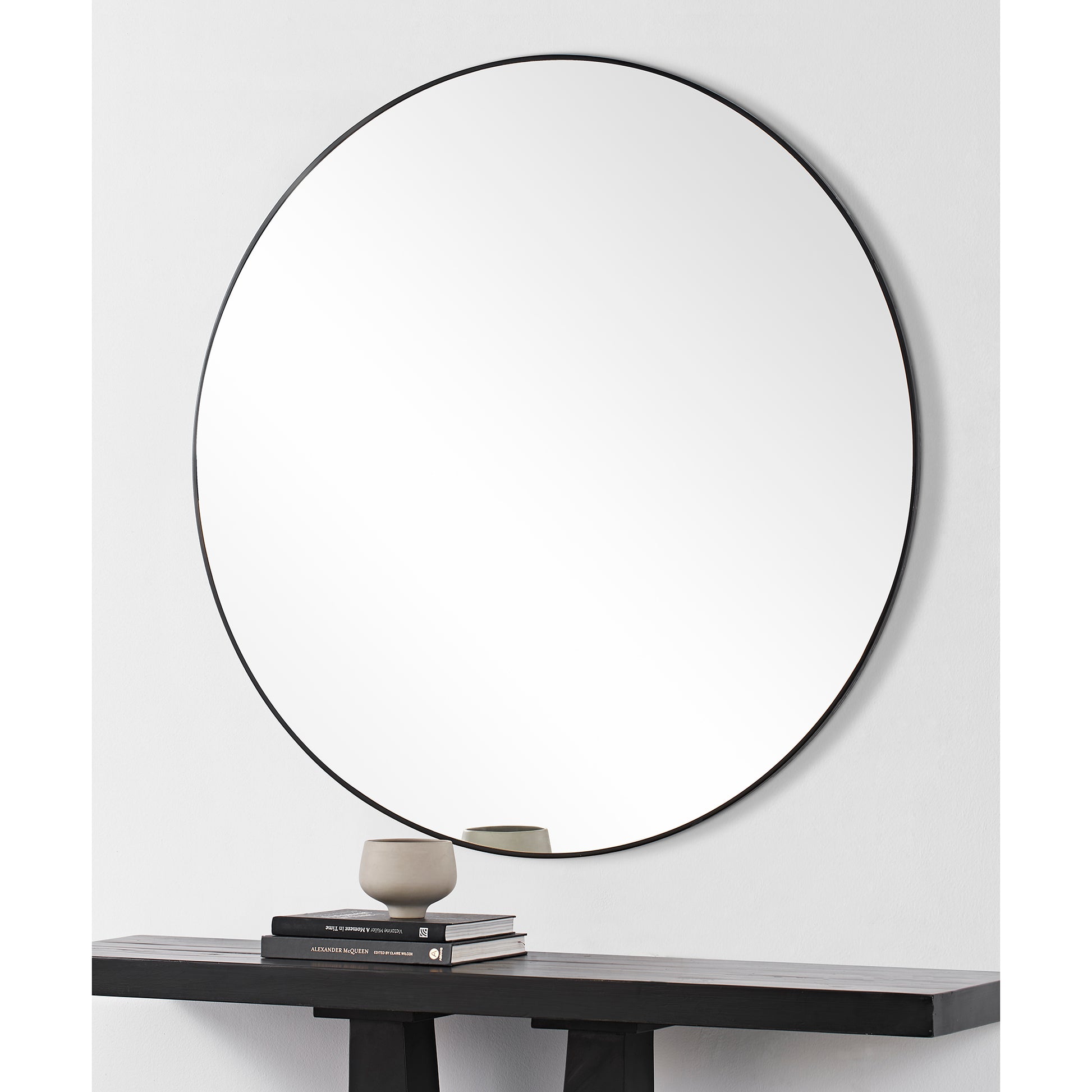 Sami 48" Tall Round Wall Mirror, Black-Mirror-DECOROLALA