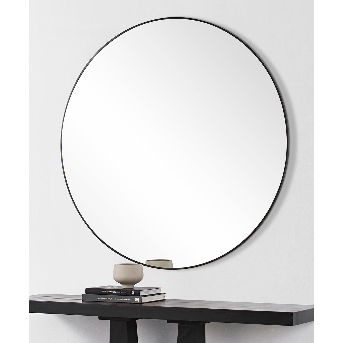Sami 48" Tall Round Wall Mirror, Black-Mirrors-DECOROLALA