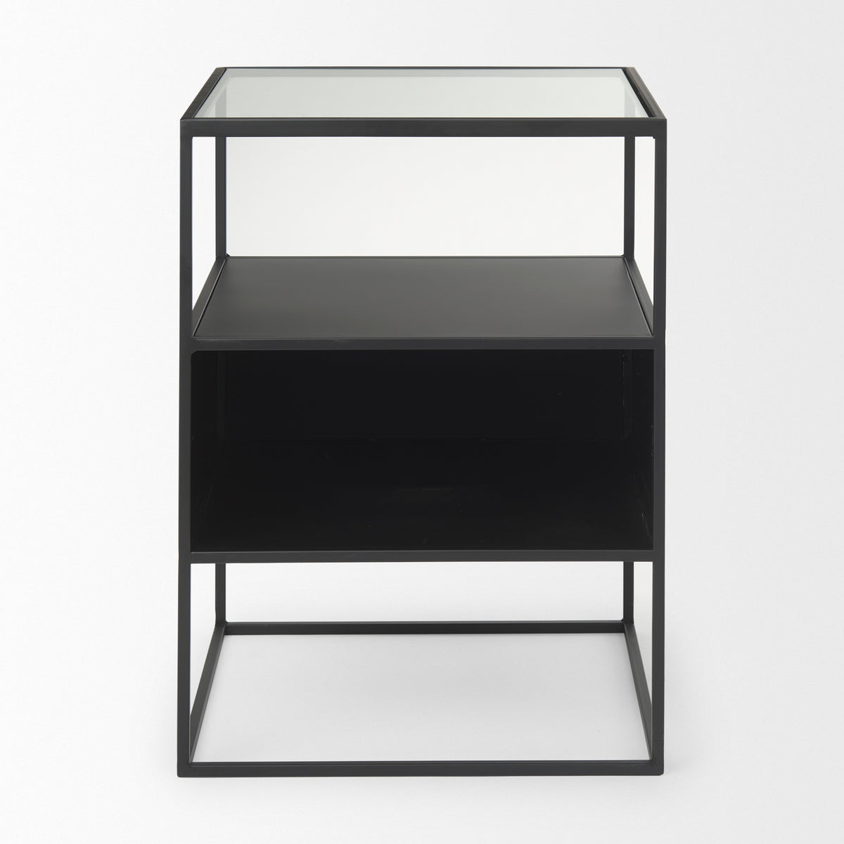 Samson 15.7L x 15.7W x 21.3H Side Table Matte Black Metal and Glass-End and Side Tables-DECOROLALA