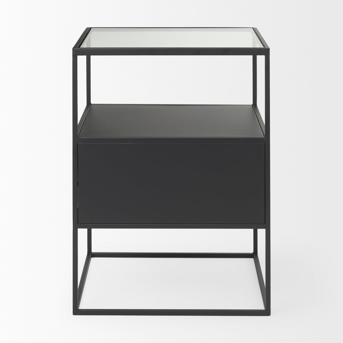 Samson 15.7L x 15.7W x 21.3H Side Table Matte Black Metal and Glass-End and Side Tables-DECOROLALA