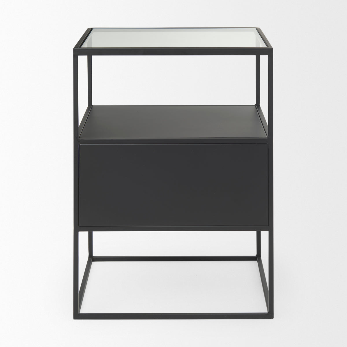 Samson 15.7L x 15.7W x 21.3H Side Table Matte Black Metal and Glass-End and Side Tables-DECOROLALA