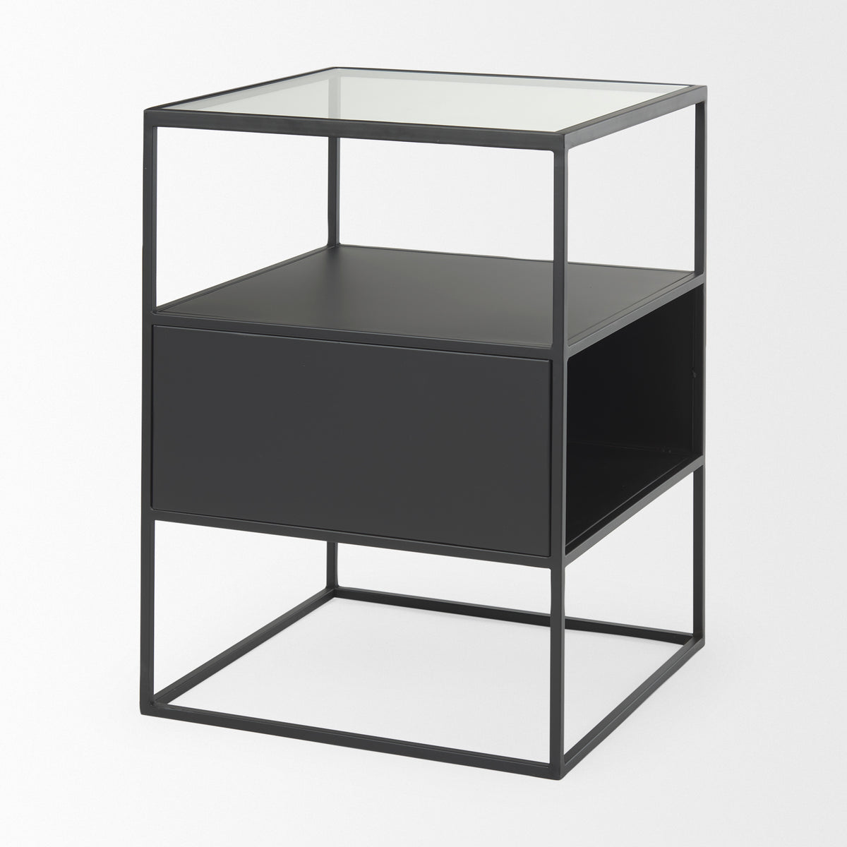 Samson 15.7L x 15.7W x 21.3H Side Table Matte Black Metal and Glass-End and Side Tables-DECOROLALA