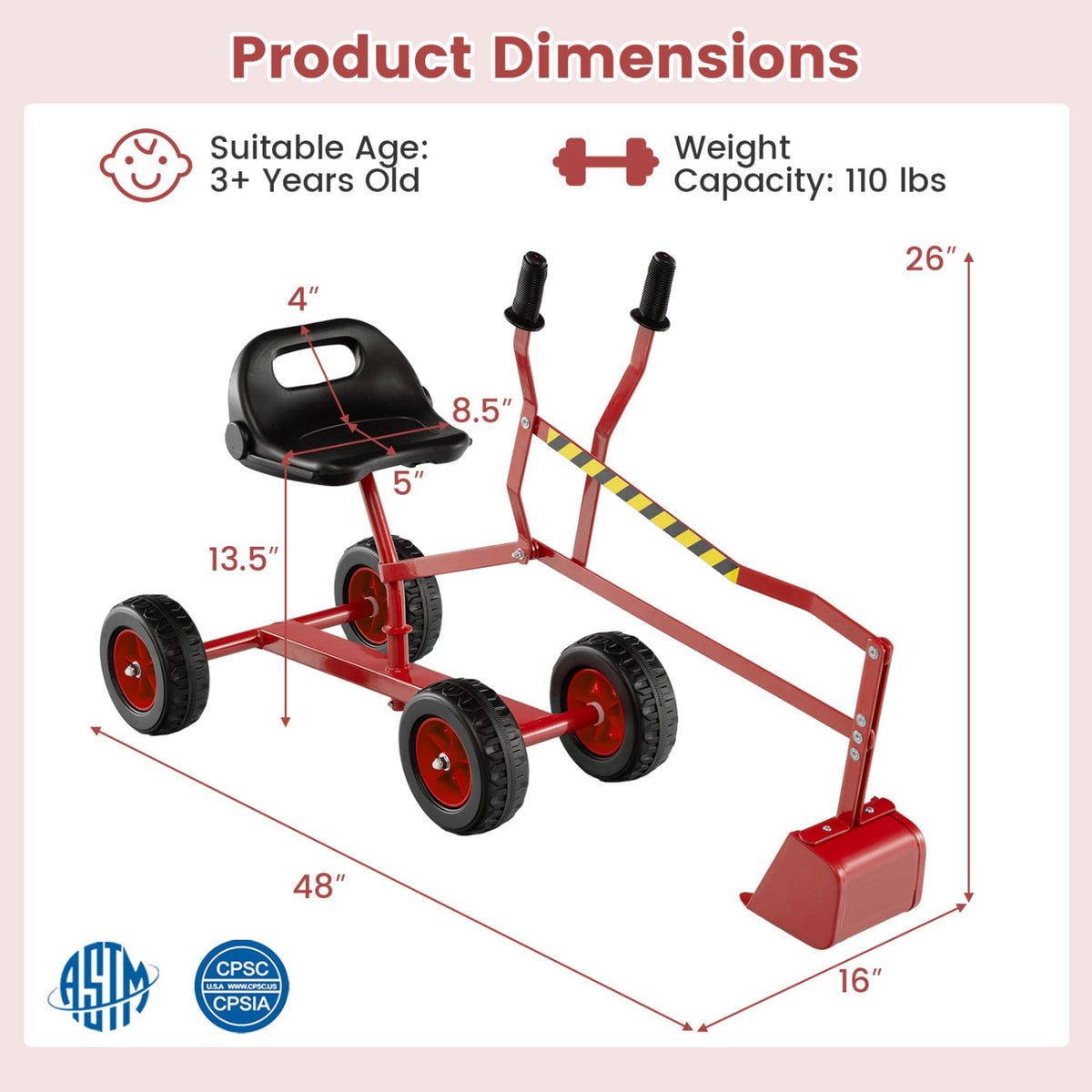 Kids' Metal Sand Digger Excavator with 360° Swivel and Backrest
