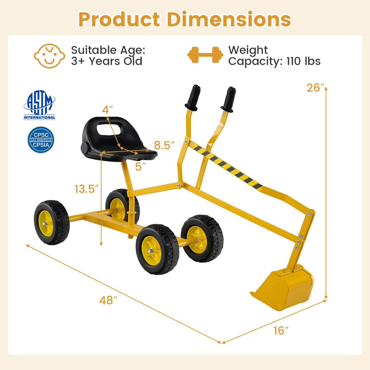 Kids' Metal Sand Digger Excavator with 360° Swivel and Backrest