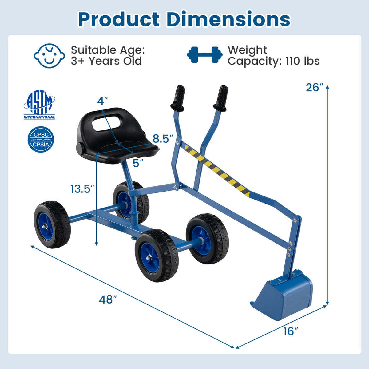 Kids' Metal Sand Digger Excavator with 360° Swivel and Backrest