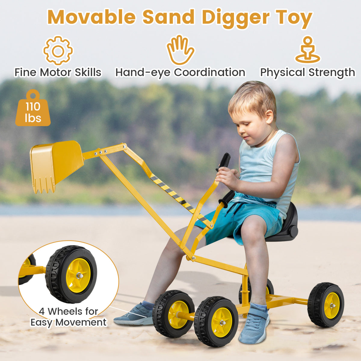 Kids' Metal Sand Digger Excavator with 360° Swivel and Backrest