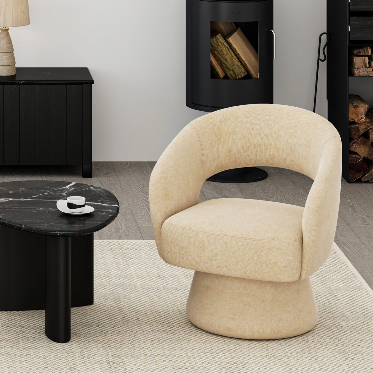 Santo Swivel Accent Chair - Beige Textured Chenille-Swivel Chairs-DECOROLALA