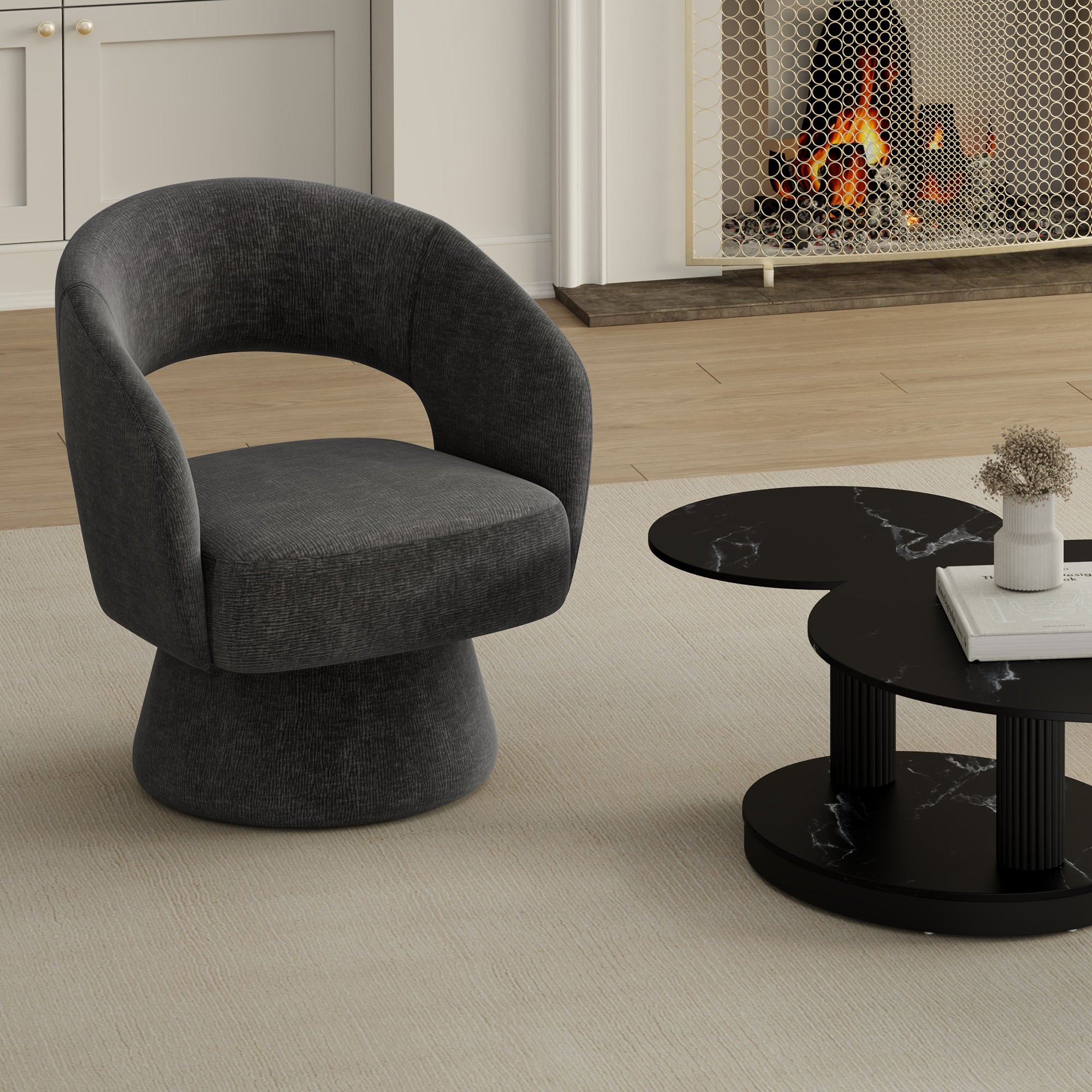 Santo Swivel Accent Chair - Charcoal Textured Chenille-DECOROLALA