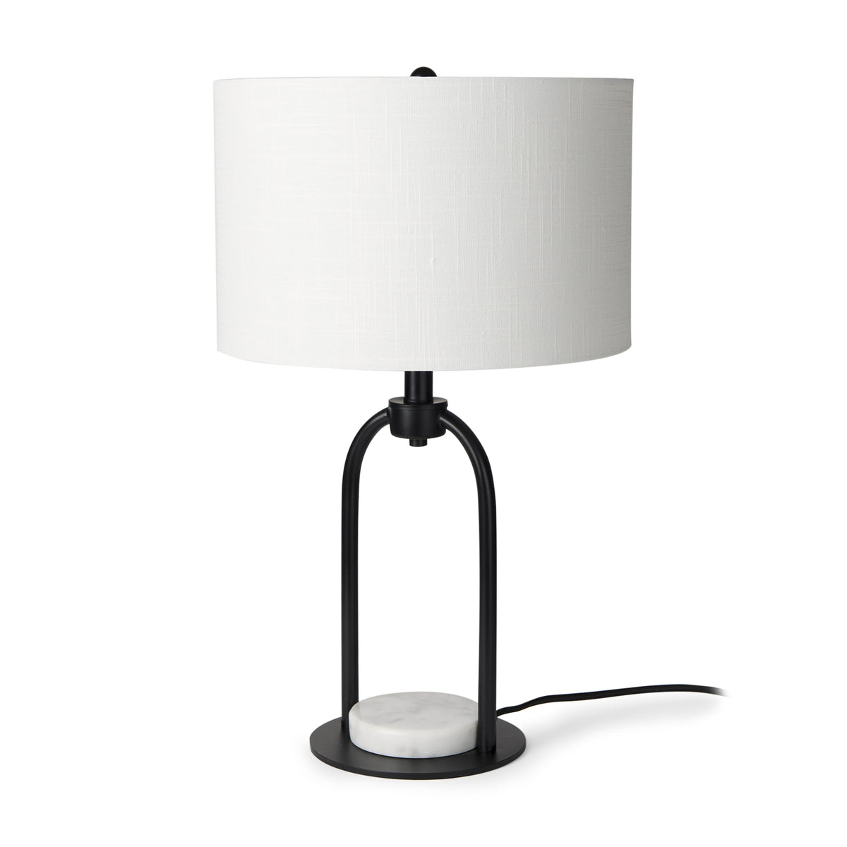 Sarah 15.0L x 10.0W x 22.2H Arched Black Metal W/Marble Cube and White Shade Table Lamp-Table Lamps-DECOROLALA