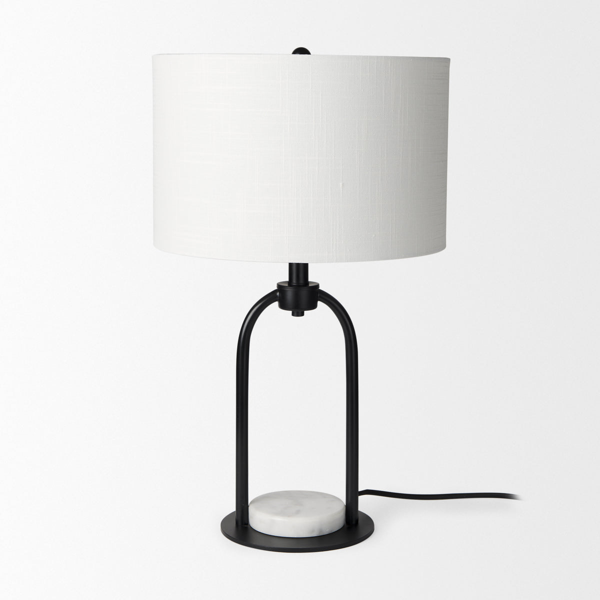 Sarah 15.0L x 10.0W x 22.2H Arched Black Metal W/Marble Cube and White Shade Table Lamp-Table Lamps-DECOROLALA