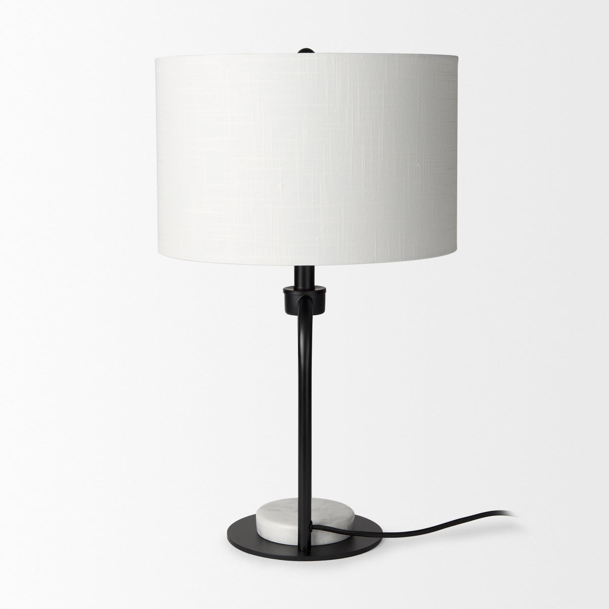 Sarah 15.0L x 10.0W x 22.2H Arched Black Metal W/Marble Cube and White Shade Table Lamp-Table Lamps-DECOROLALA