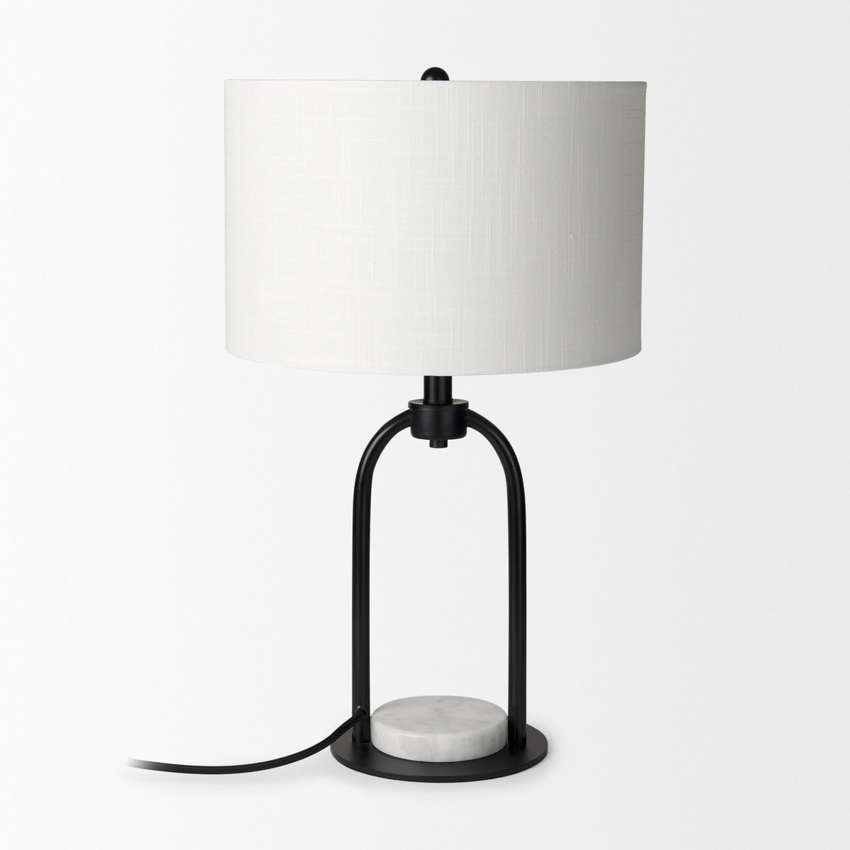 Sarah 15.0L x 10.0W x 22.2H Arched Black Metal W/Marble Cube and White Shade Table Lamp-Table Lamps-DECOROLALA