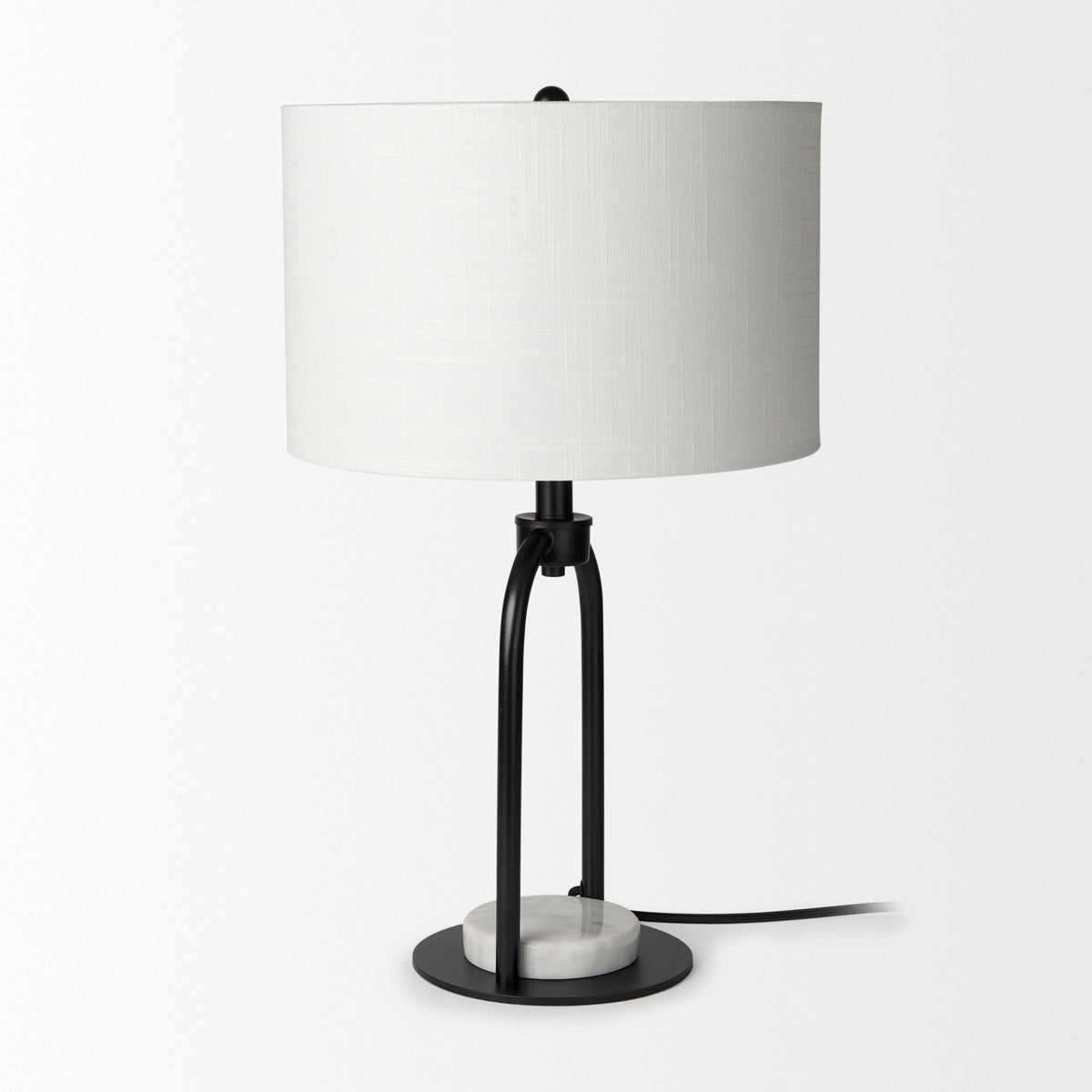 Sarah 15.0L x 10.0W x 22.2H Arched Black Metal W/Marble Cube and White Shade Table Lamp-Table Lamps-DECOROLALA