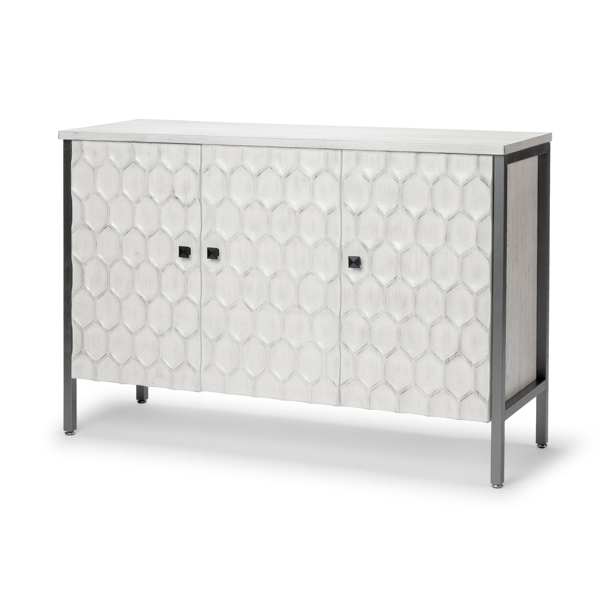 Savannah Accent Cabinet - White Fir Veneer Gray Metal 3-Door-Accent Cabinets & Chests-DECOROLALA