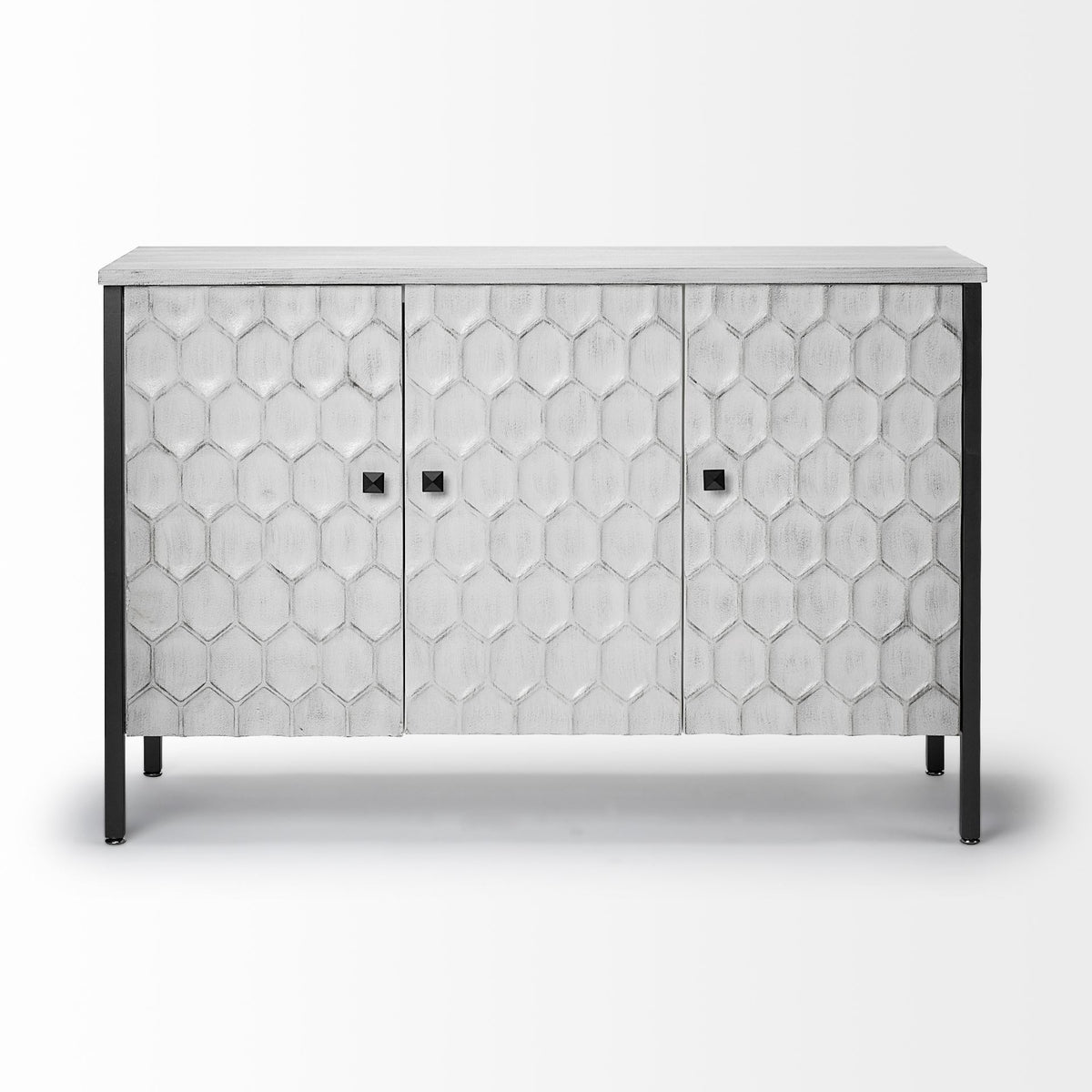 Savannah Accent Cabinet - White Fir Veneer Gray Metal 3-Door-Accent Cabinets & Chests-DECOROLALA