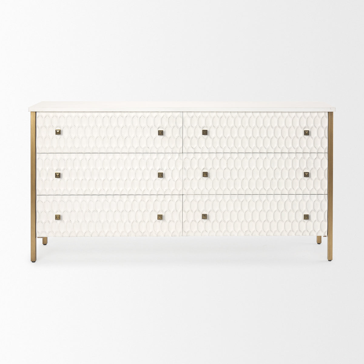 Savannah White Fir Veneer w/ Gold Metal Accents 6-Drawer Sideboard-Sideboards & Buffets-DECOROLALA