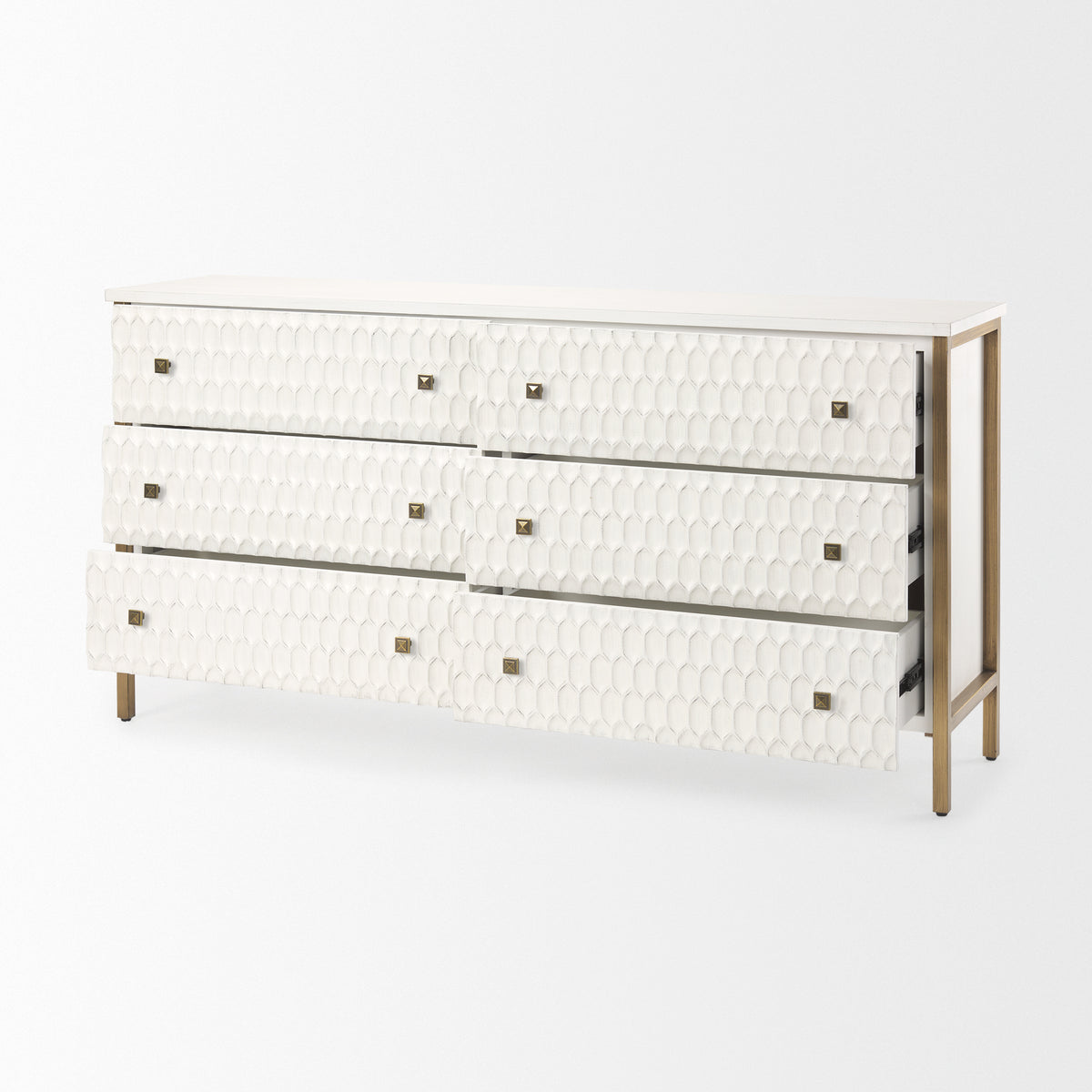 Savannah White Fir Veneer w/ Gold Metal Accents 6-Drawer Sideboard-Sideboards & Buffets-DECOROLALA