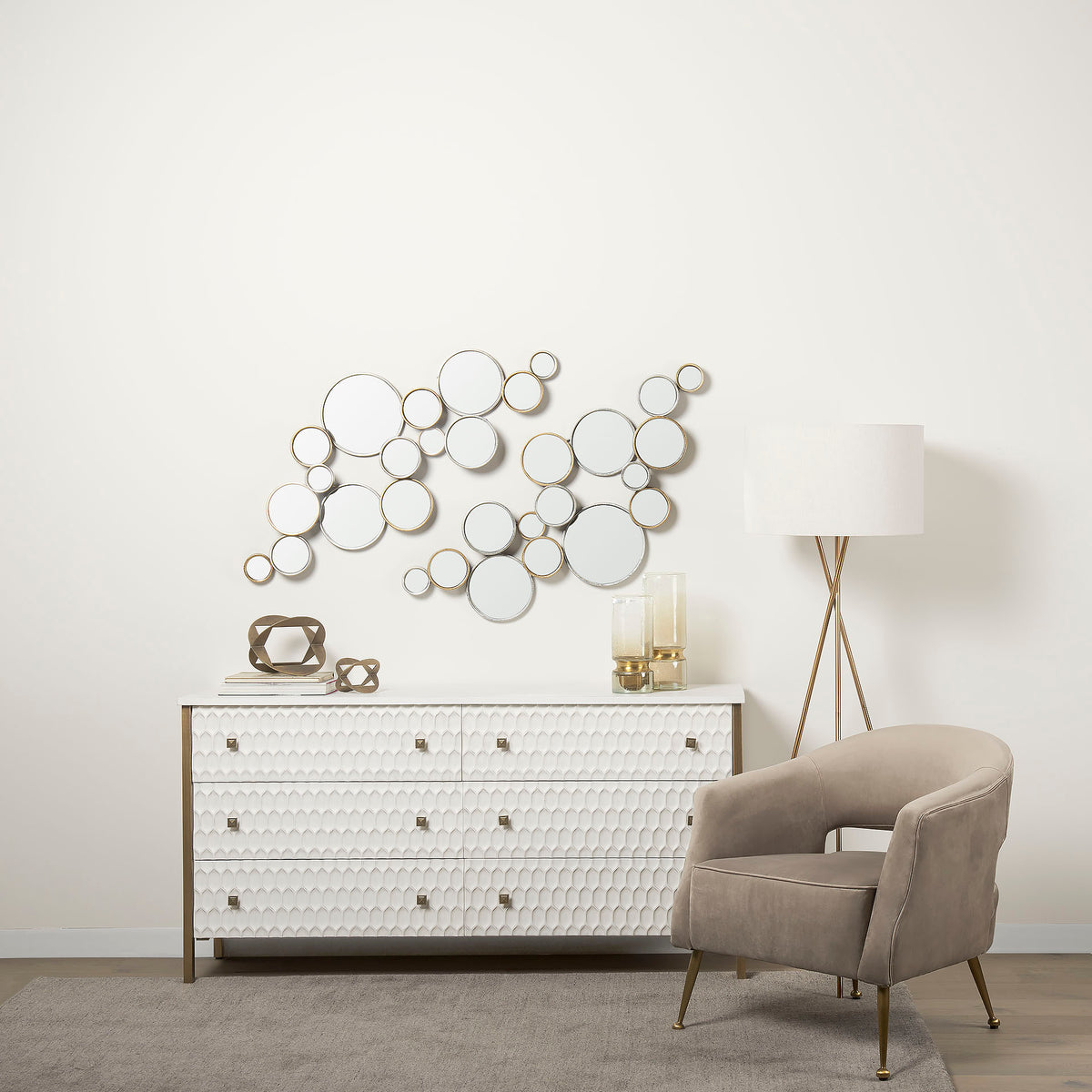 Savannah White Fir Veneer w/ Gold Metal Accents 6-Drawer Sideboard-Sideboards & Buffets-DECOROLALA