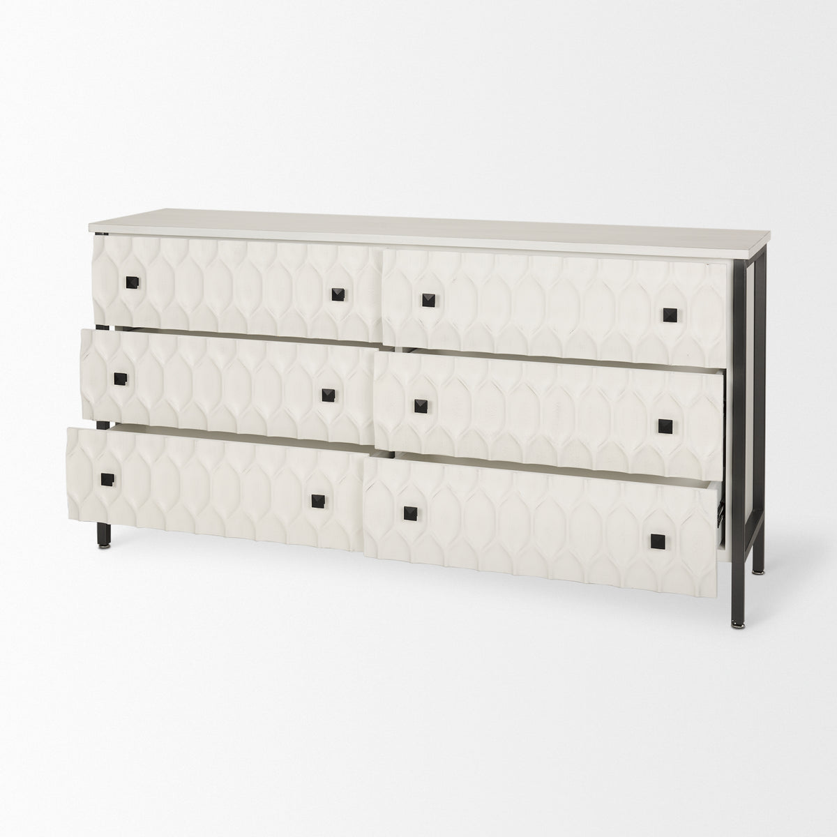 Savannah White Fir Veneer w/ Gray Metal 6-Drawer Sideboard-Sideboards & Buffets-DECOROLALA
