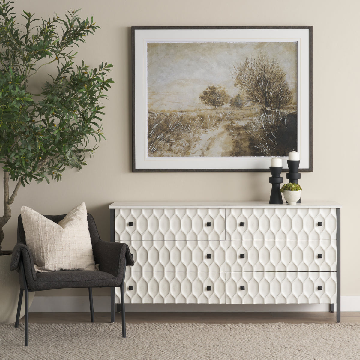 Savannah White Fir Veneer w/ Gray Metal 6-Drawer Sideboard-Sideboards & Buffets-DECOROLALA