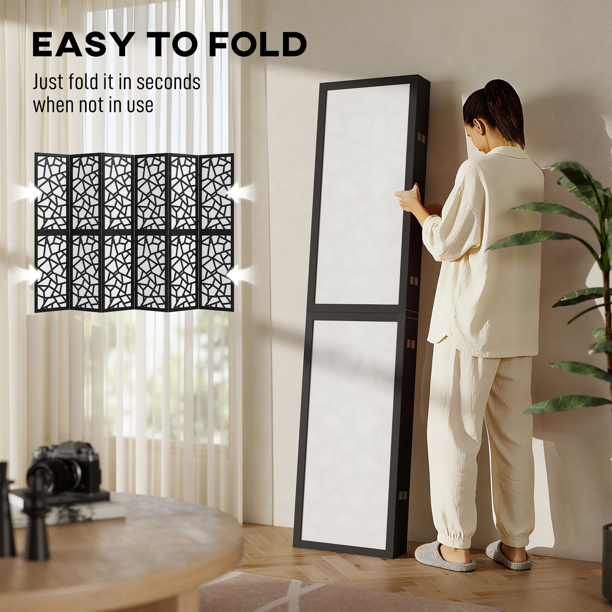 6 Panel Room Divider, 5.6 FT Lightweight Folding Privacy Screen with Geometric Pattern for Living Room, Bedroom, Black
