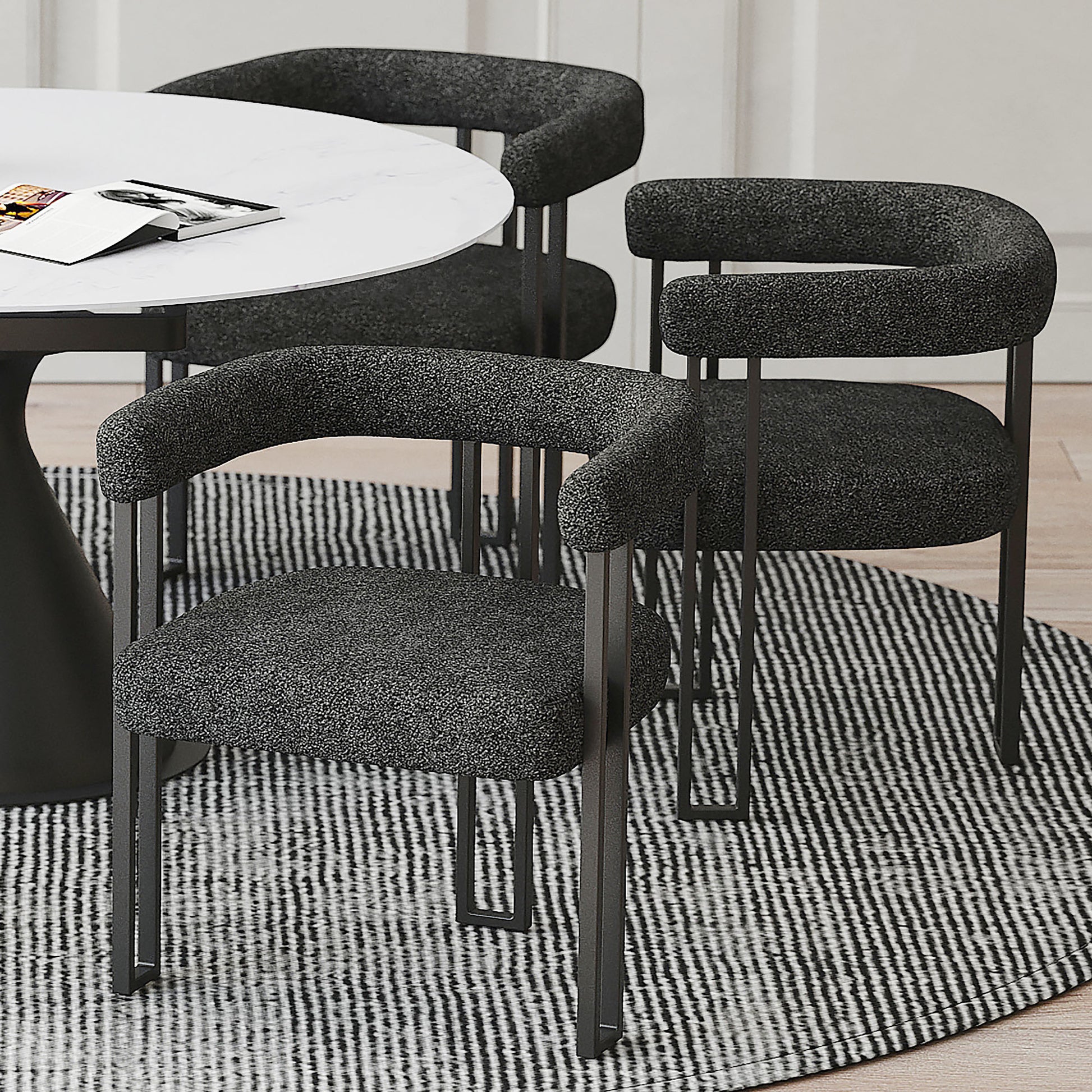 Scarlet Dining Chair - Charcoal Boucle Fabric Black Metal Frame-DECOROLALA
