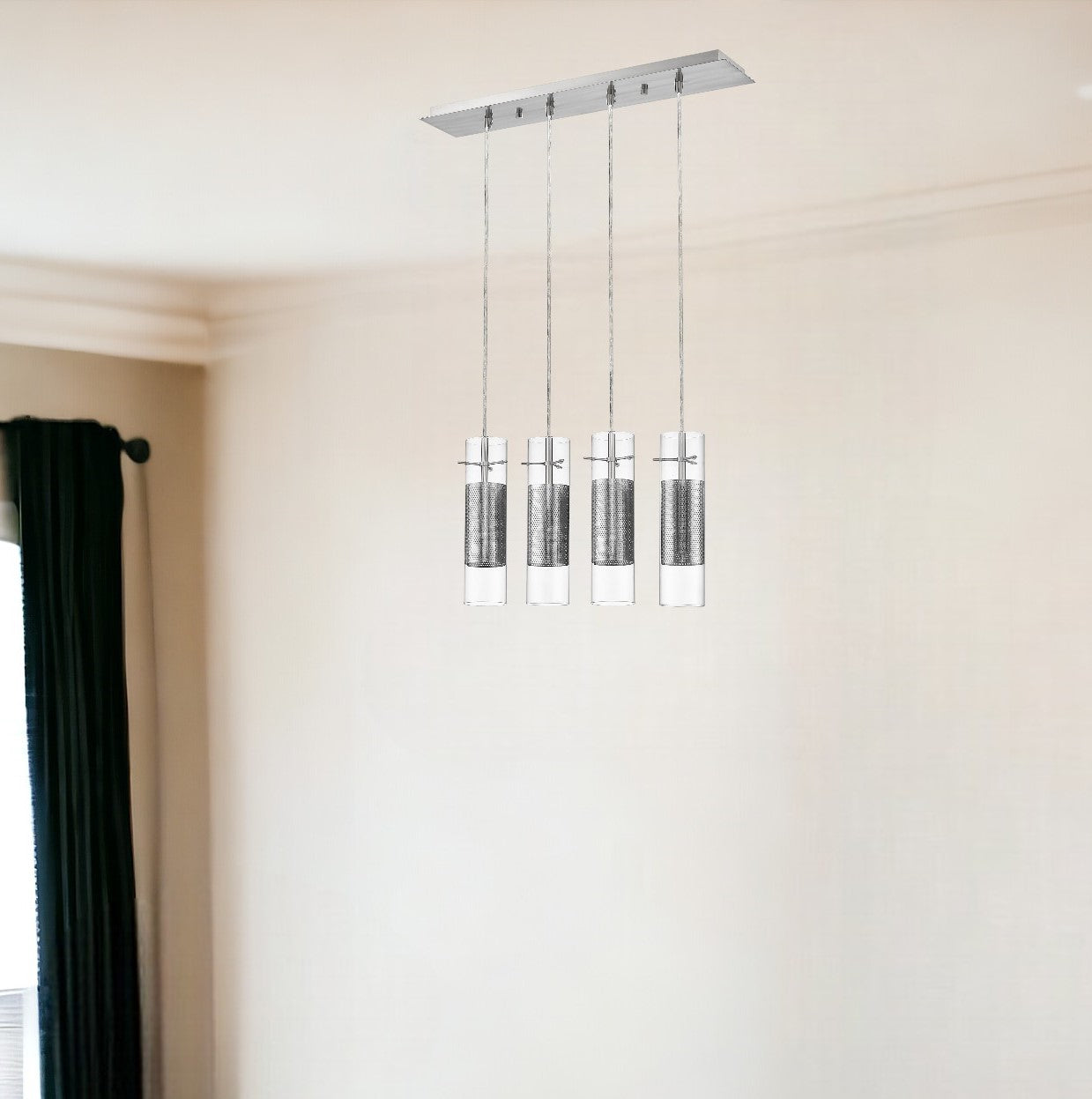 Scope 4-Light Brushed Nickel Pendant Double Glass and Mesh Shades-Pendants-Hanging Lights-DECOROLALA