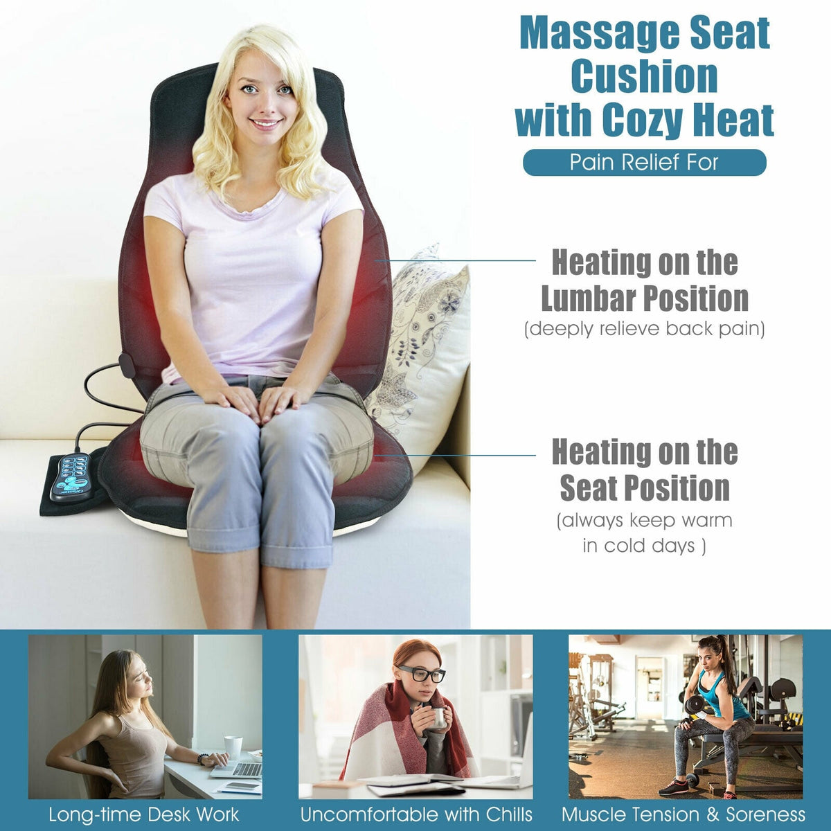 Seat Cushion Massager with Heat and 6 Vibration Motors for Home-Back Massager-DECOROLALA