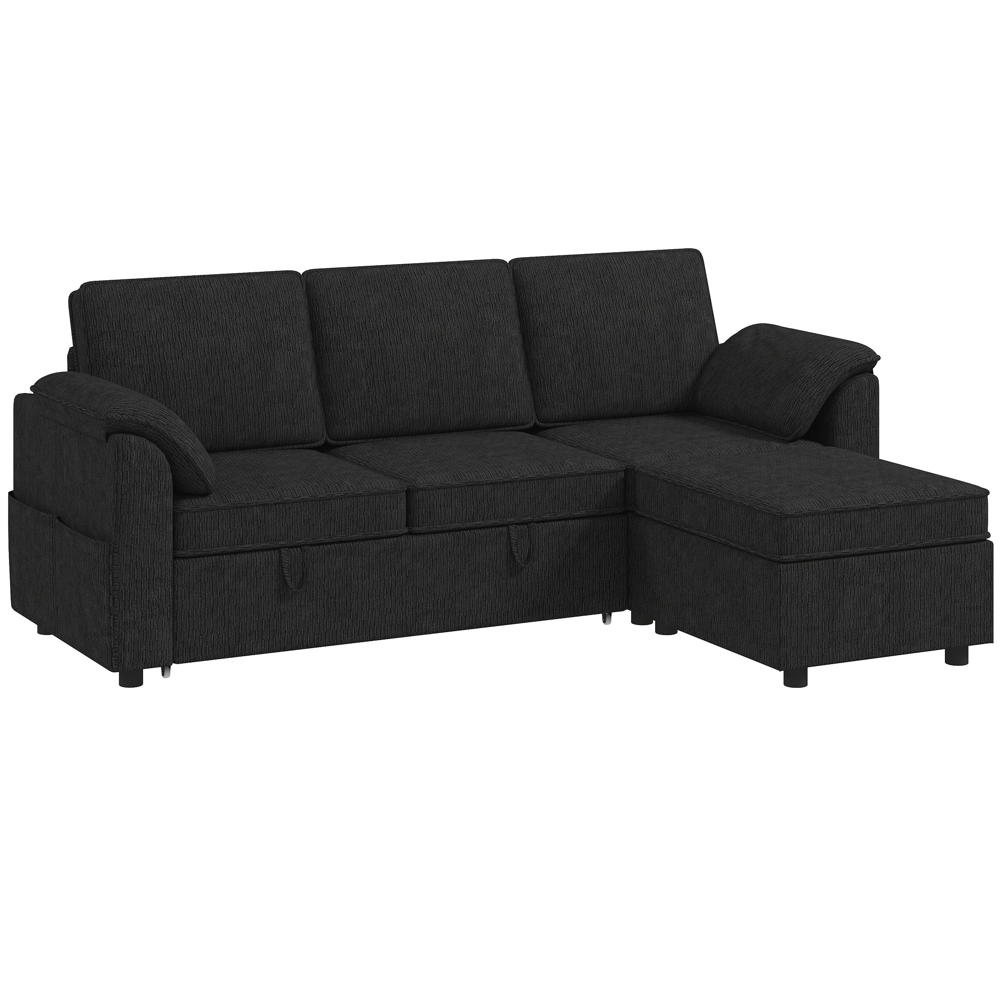 Sectional Sofa Bed with Storage Ottoman - Black Chenille-Home Furnishings > Living Room Furniture > Sofas & Reclining Chairs-DECOROLALA