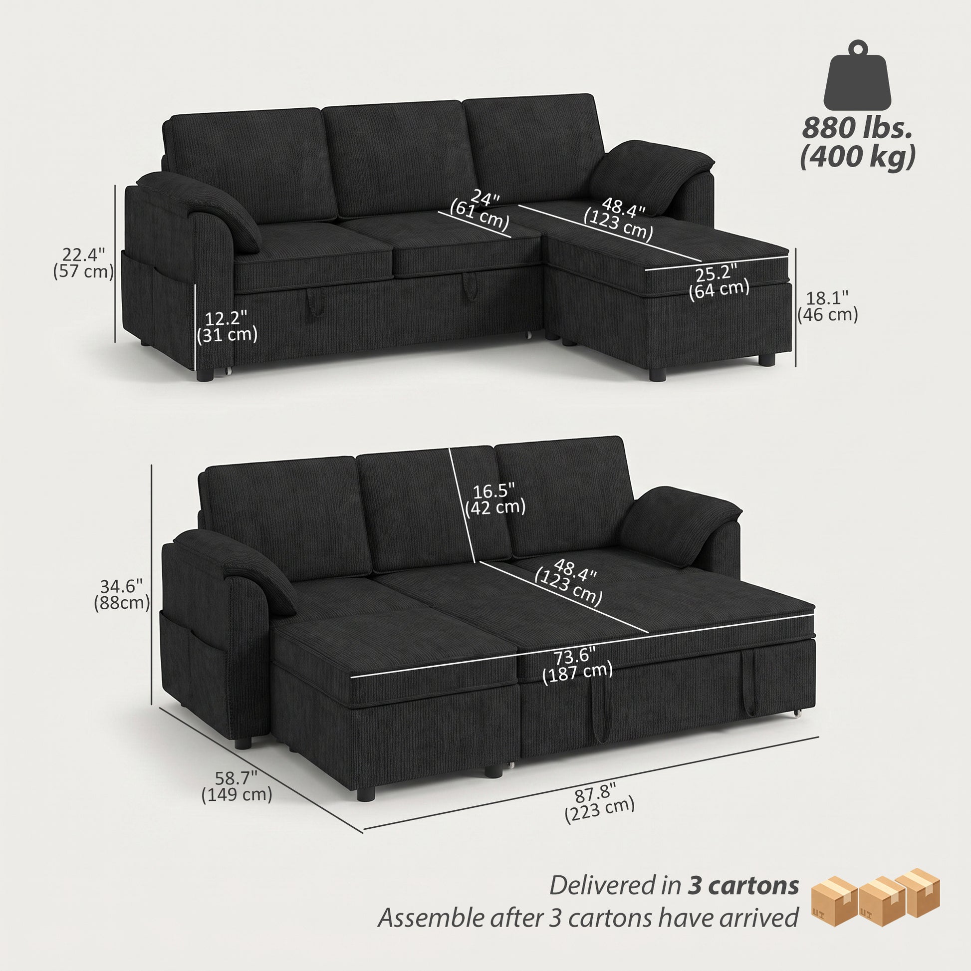 Sectional Sofa Bed with Storage Ottoman - Black Chenille-Home Furnishings > Living Room Furniture > Sofas & Reclining Chairs-DECOROLALA