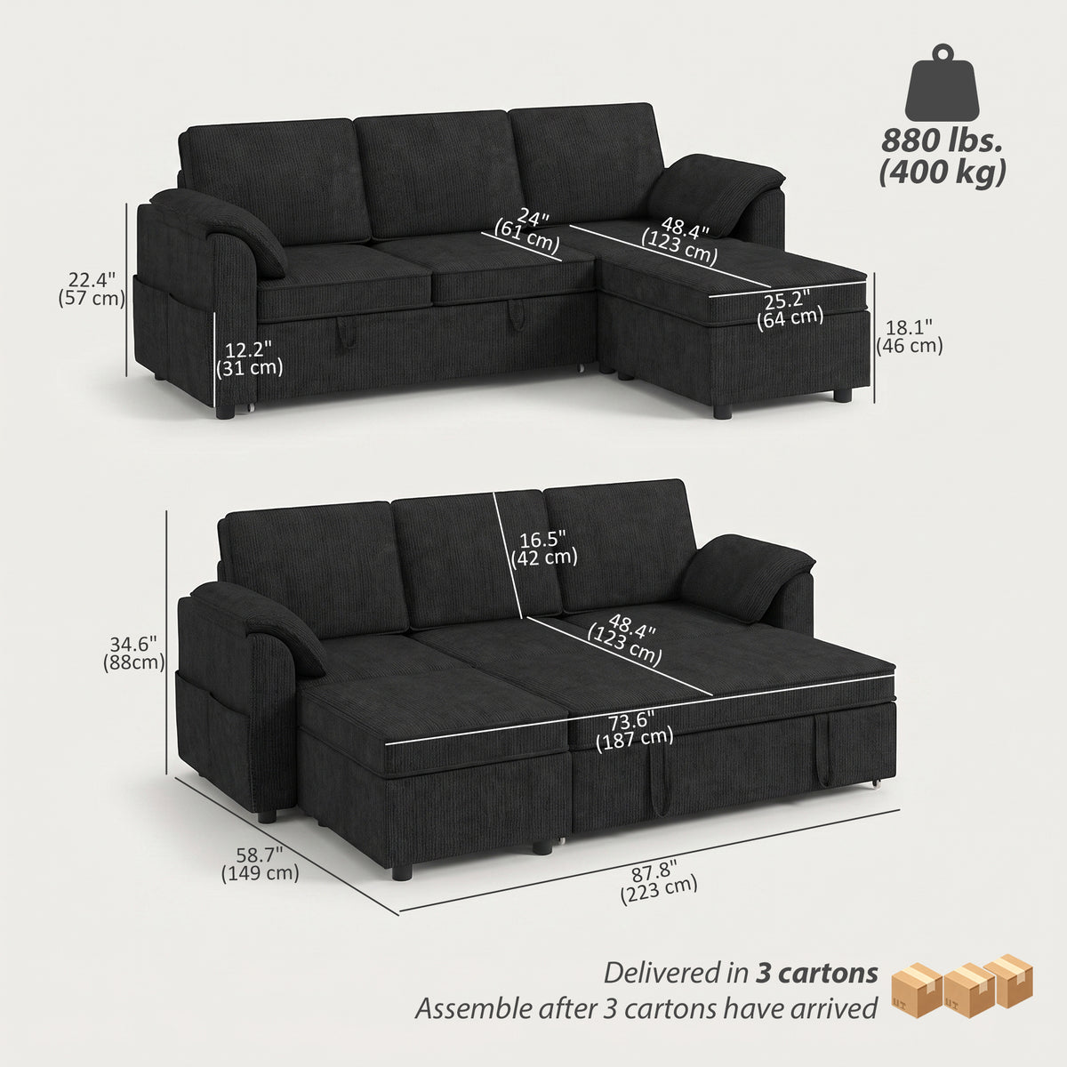 Sectional Sofa Bed with Storage Ottoman - Black Chenille-Home Furnishings > Living Room Furniture > Sofas & Reclining Chairs-DECOROLALA