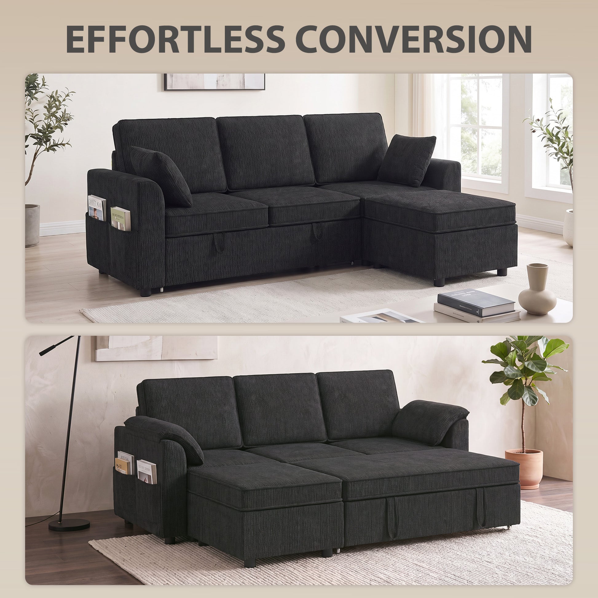 Sectional Sofa Bed with Storage Ottoman - Black Chenille-Home Furnishings > Living Room Furniture > Sofas & Reclining Chairs-DECOROLALA