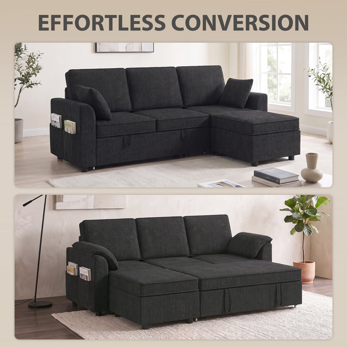 Sectional Sofa Bed with Storage Ottoman - Black Chenille-Home Furnishings > Living Room Furniture > Sofas & Reclining Chairs-DECOROLALA