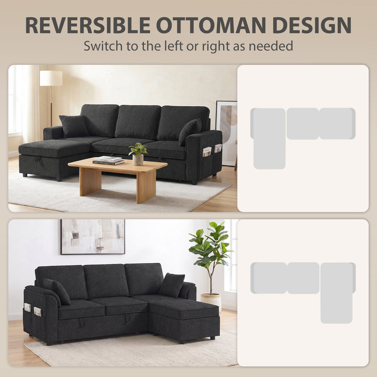 Sectional Sofa Bed with Storage Ottoman - Black Chenille-Home Furnishings > Living Room Furniture > Sofas & Reclining Chairs-DECOROLALA