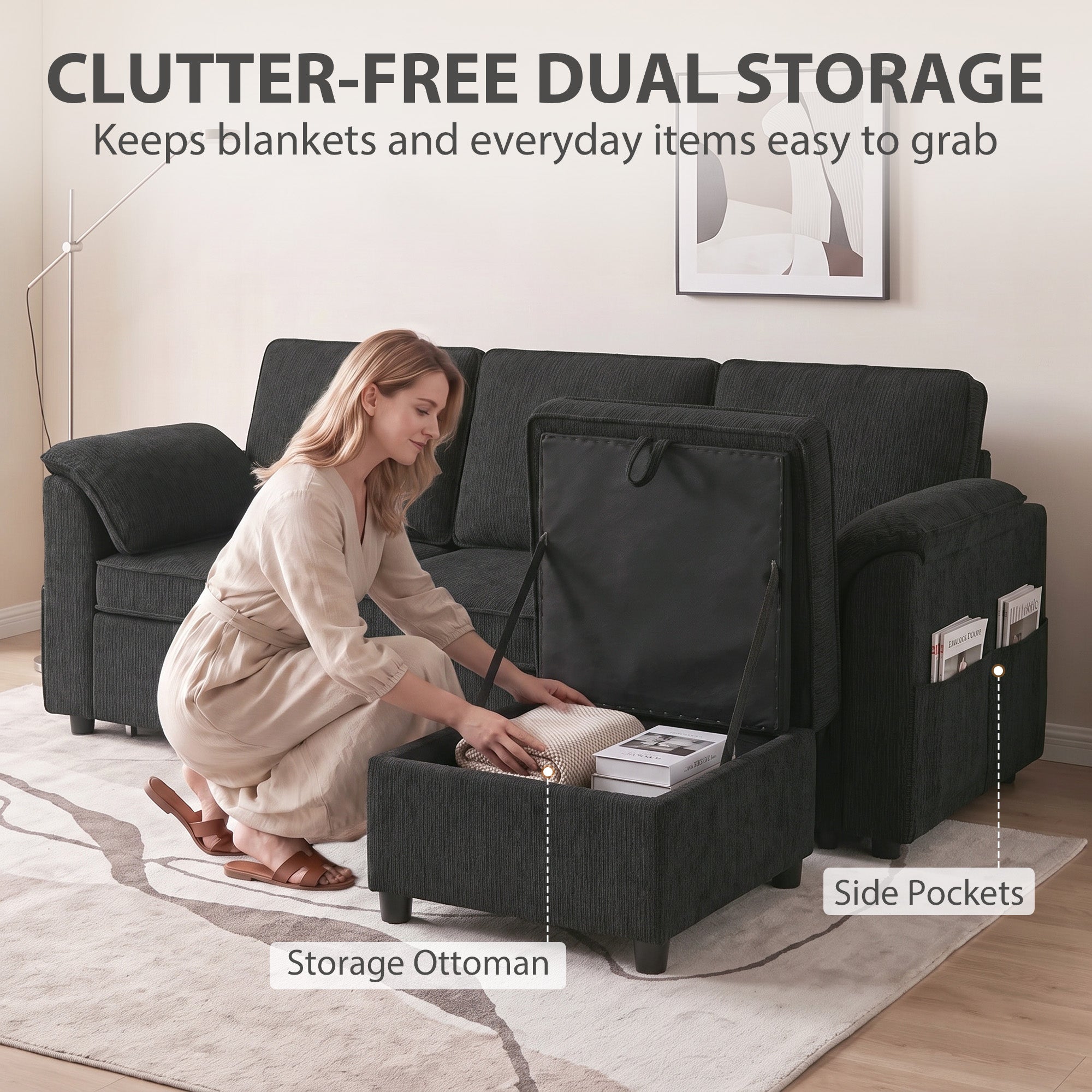 Sectional Sofa Bed with Storage Ottoman - Black Chenille-Home Furnishings > Living Room Furniture > Sofas & Reclining Chairs-DECOROLALA
