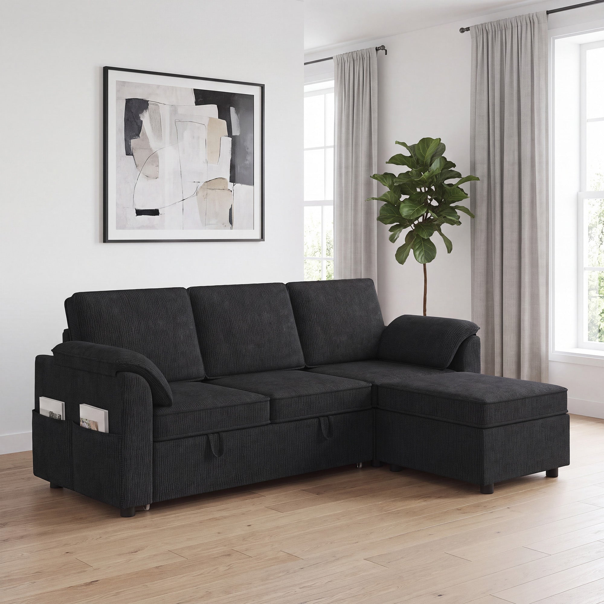 Sectional Sofa Bed with Storage Ottoman - Black Chenille-Home Furnishings > Living Room Furniture > Sofas & Reclining Chairs-DECOROLALA