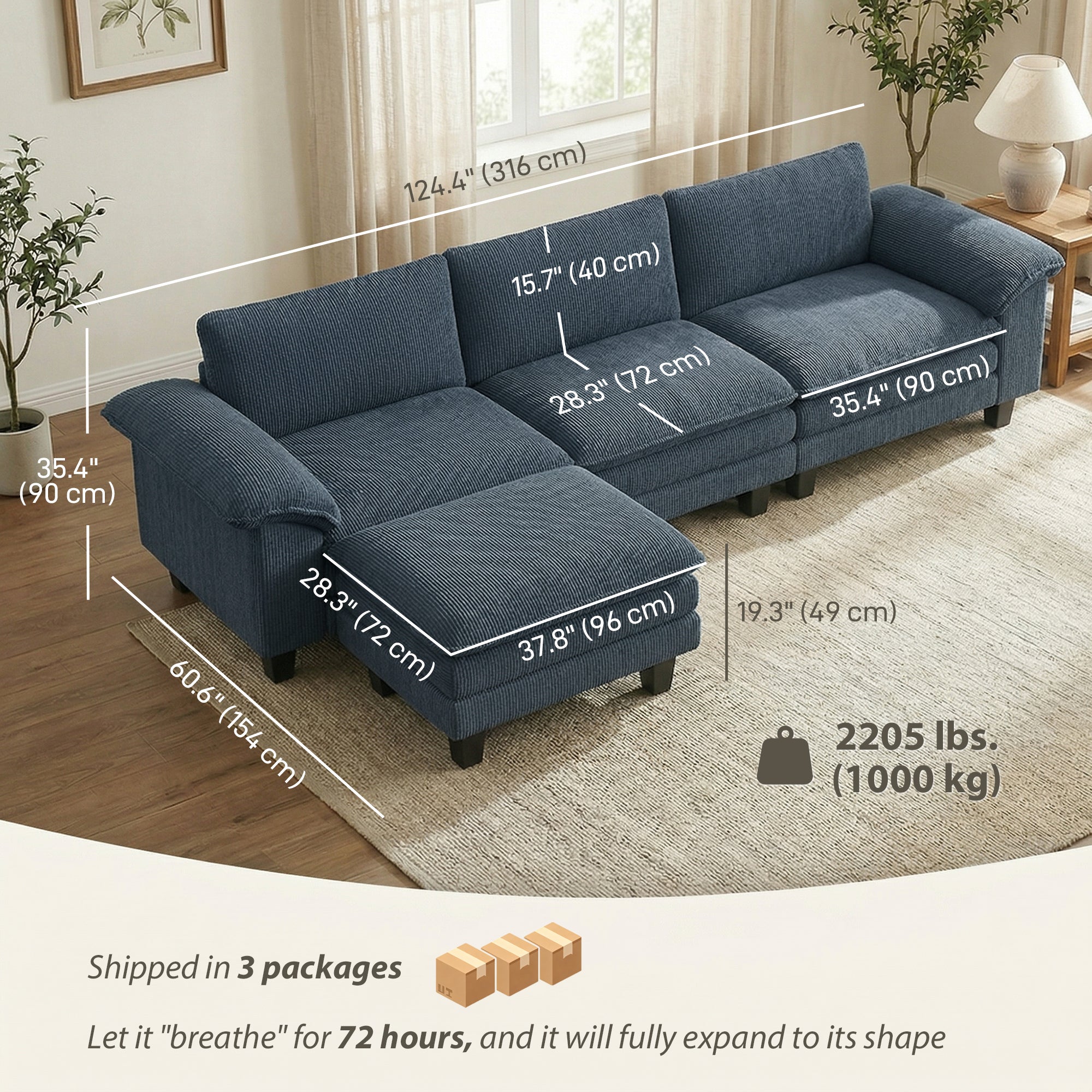 Sectional Sofa - Blue L-Shaped Corduroy Couch with Ottoman-Home Furnishings > Living Room Furniture > Sofas & Reclining Chairs > L Shaped Couchs-DECOROLALA