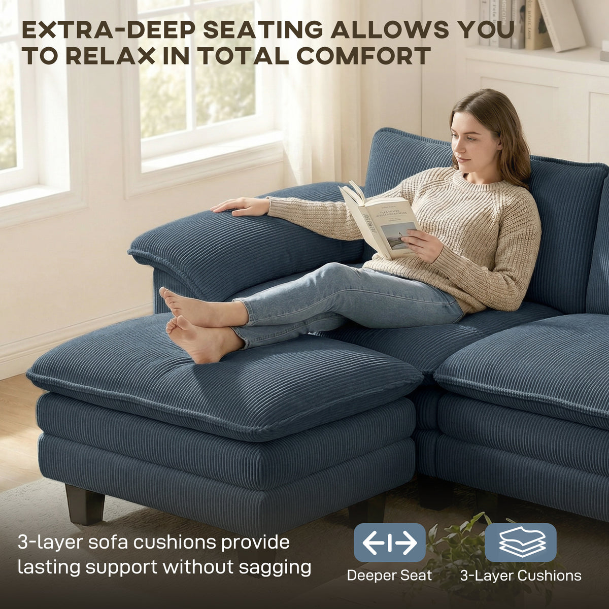 Sectional Sofa - Blue L-Shaped Corduroy Couch with Ottoman-Home Furnishings > Living Room Furniture > Sofas & Reclining Chairs > L Shaped Couchs-DECOROLALA